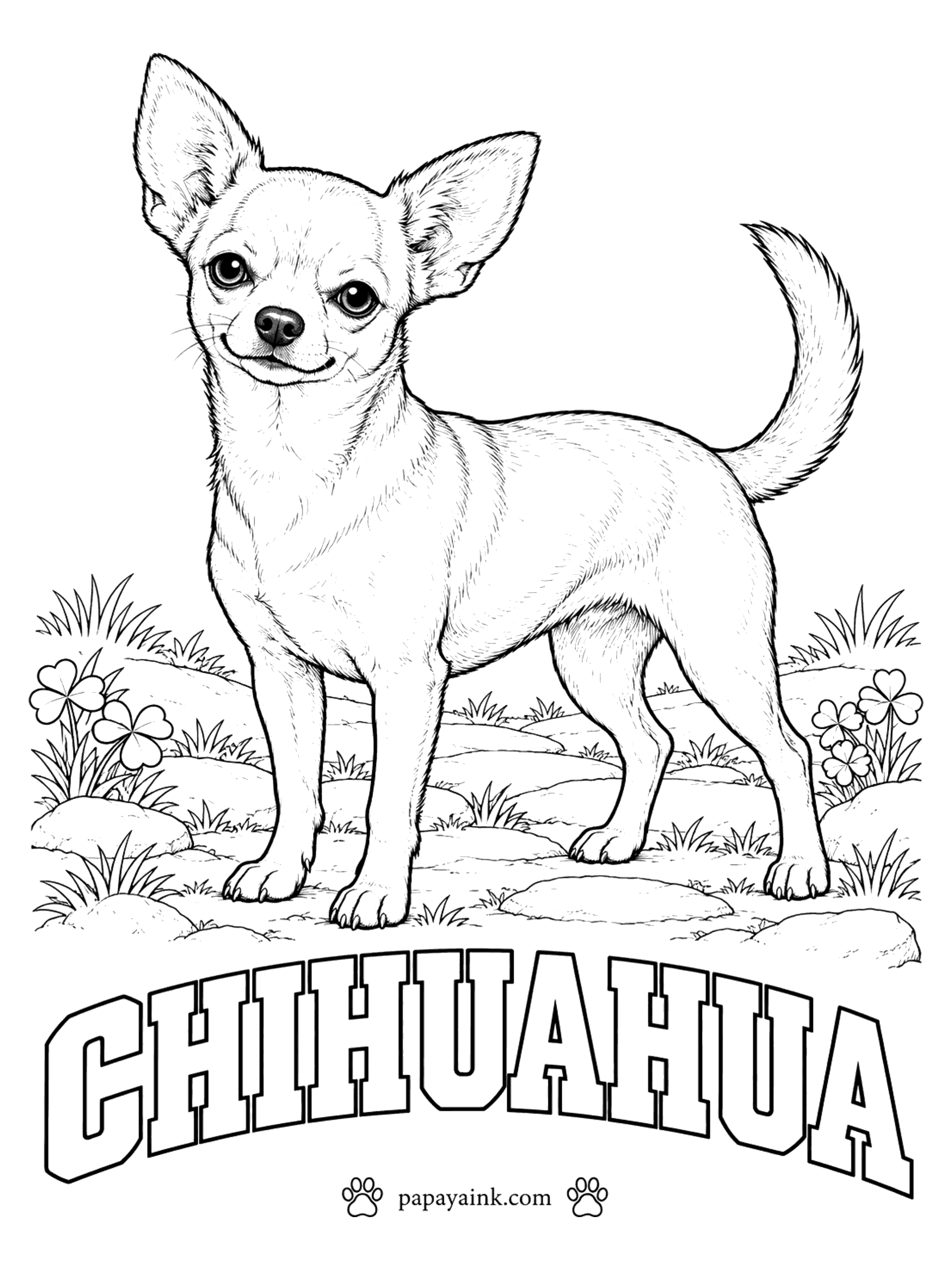 Free Printable Dog Coloring Pages - Smallest dog breed in the world, at six pounds or less, and named for a state in Mexico. This smooth-coat Chihuahua can be fawn, cream, chocolate, black and tan, or nearly anything else. Big ears, big eyes, simple shapes - a good first page.