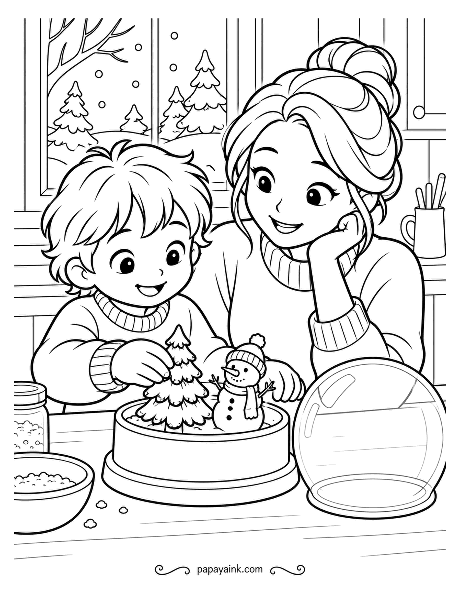 December Coloring Pages - Snow globe under construction: the little tree and snowman go into the base while the glass dome waits beside them and a jar of glitter snow stands ready. The parent supervises, chin in hand. Keep the dome clear; put the sparkle in the jar.