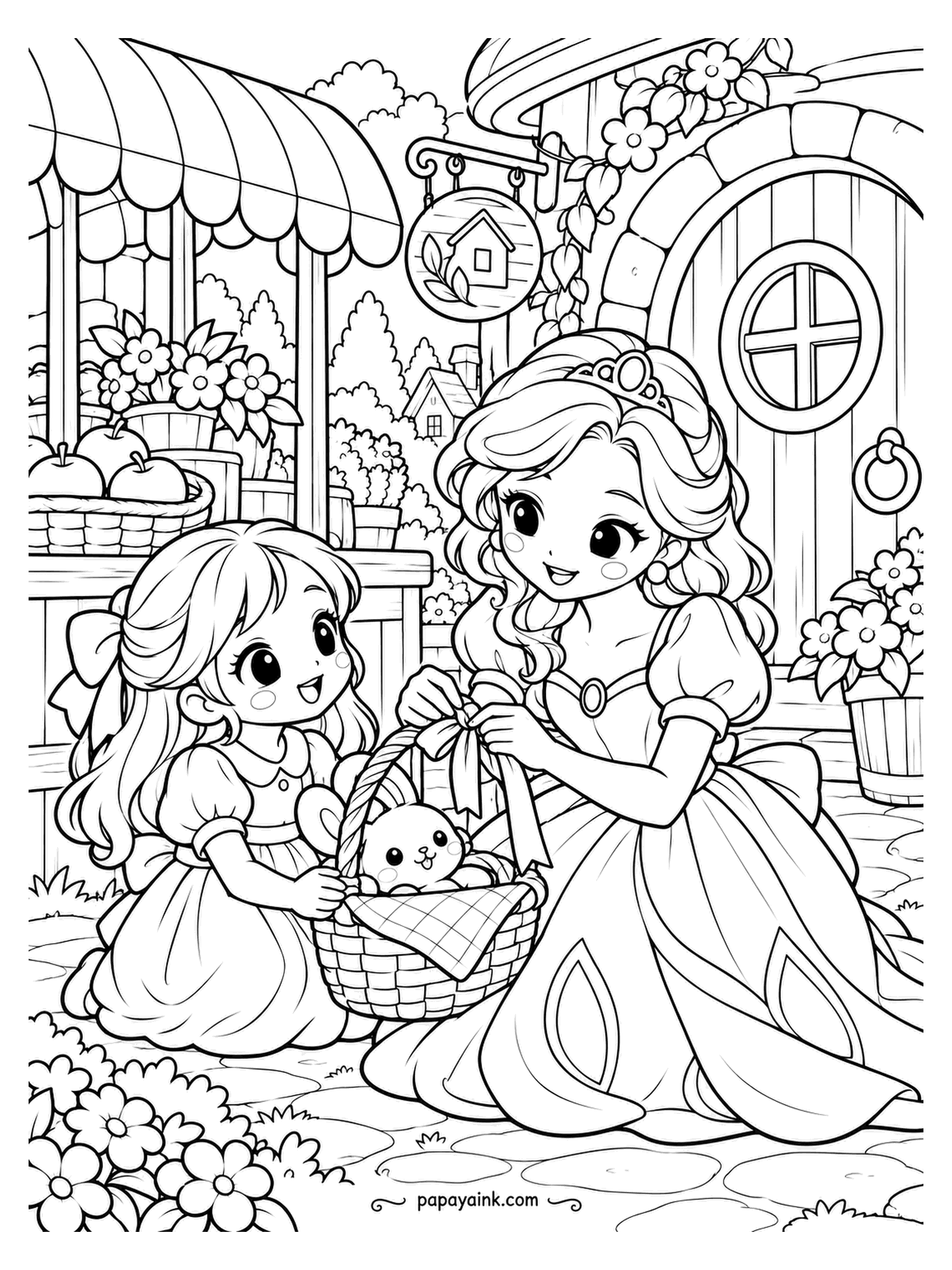 Kawaii Princess Coloring Pages - Emergency on the village corner: the bow on the basket came undone. The princess reties it while her small friend steadies the handle, and the toy rabbit inside waits on its folded blanket. Market apples behind them, a round window in the door.