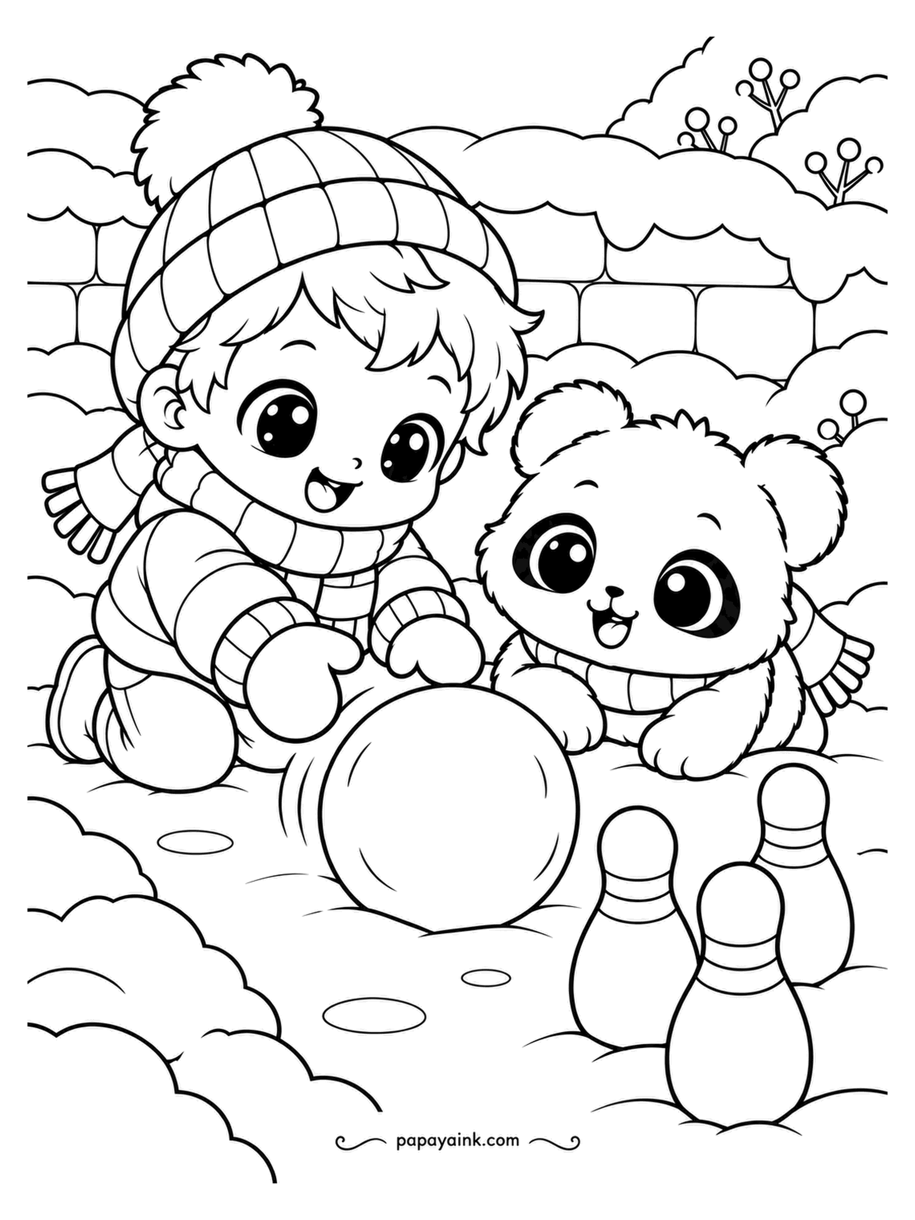 Kawaii Winter Coloring Pages - Snow bowling: three snow pins, one big snowball, and a boy and a bear cub who both claim the next roll. The pins have survived so far. Try a dusty blue on the brick wall so the white pins stay sharp.