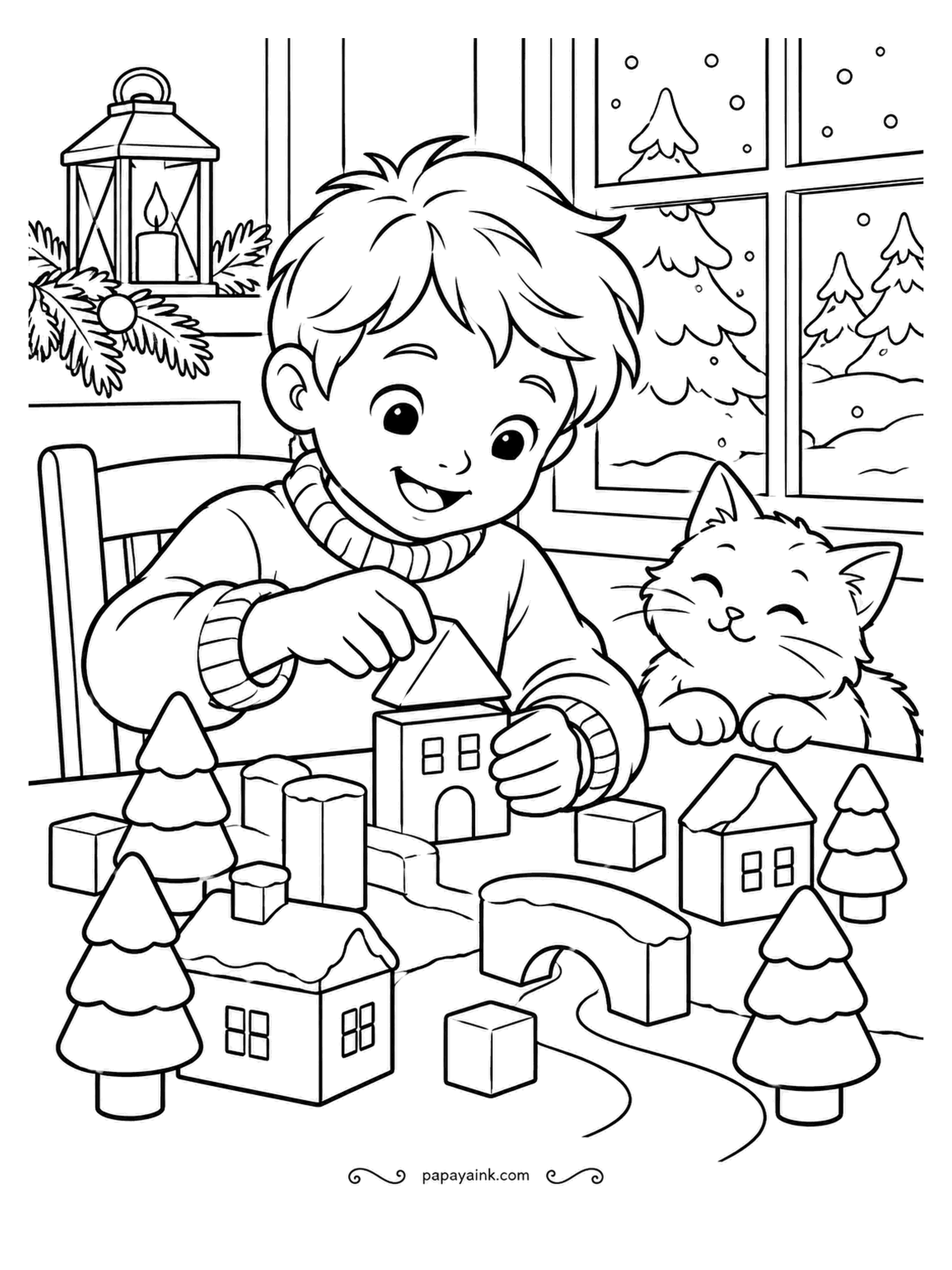 December Coloring Pages - Block by block a village goes up on the kitchen table: cube houses, a little arched bridge, cone pines, and a cat who has appointed itself building inspector. Paint the blocks in plain wood tones so the snowy roofs read as snow.