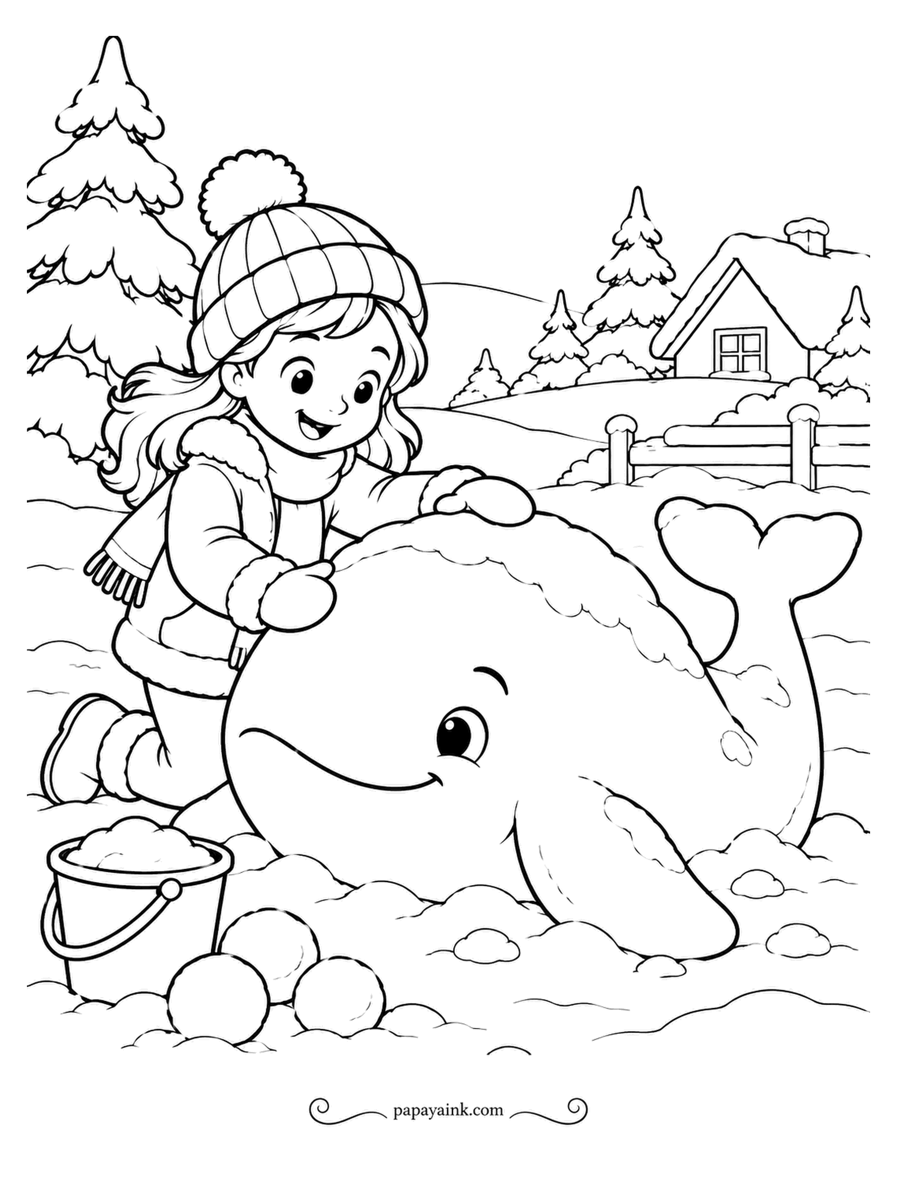 December Coloring Pages - Not every snow sculpture has to be a snowman. This one is a whale, tail flukes and smile included, and the bucket beside it suggests a fin is still to come. Shade the whale very lightly so it reads as packed snow.