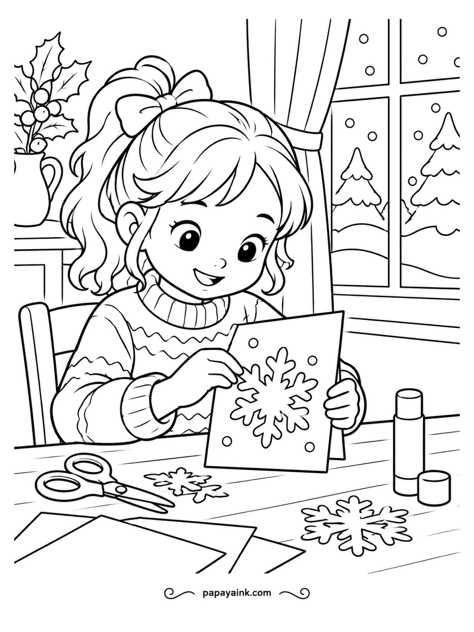 December Coloring Pages - Handmade card, snowflake design, glue stick open and the scissors still warm. The scraps on the table show the practice snowflakes that did not make the cut. Try a dark blue card with the snowflake left unpainted.