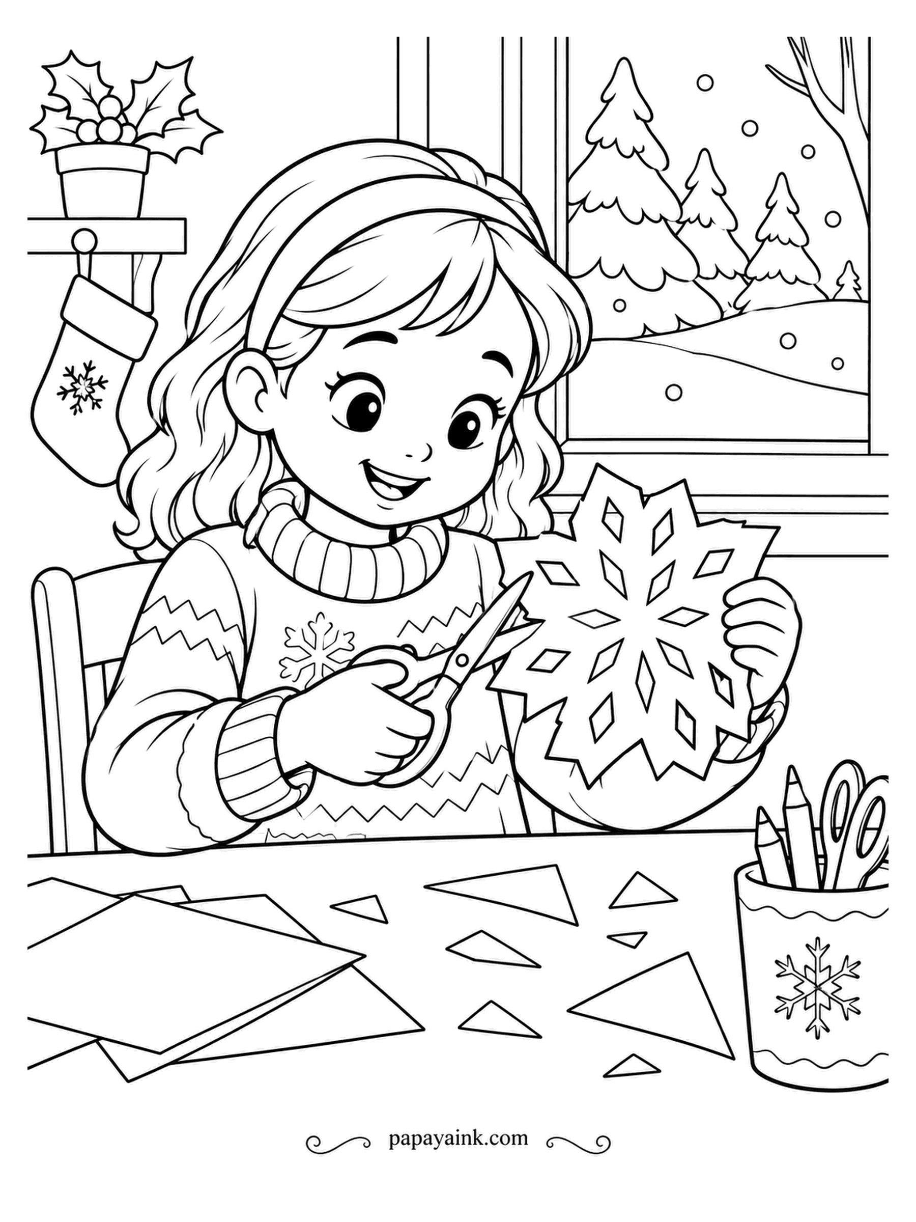 December Coloring Pages - The snowflake is nearly done and the scissors are still open. Paper scraps on the table show how much had to be cut away to get it, and a stocking waits on the shelf. Pale blue on the snowflake, cut-outs left white.