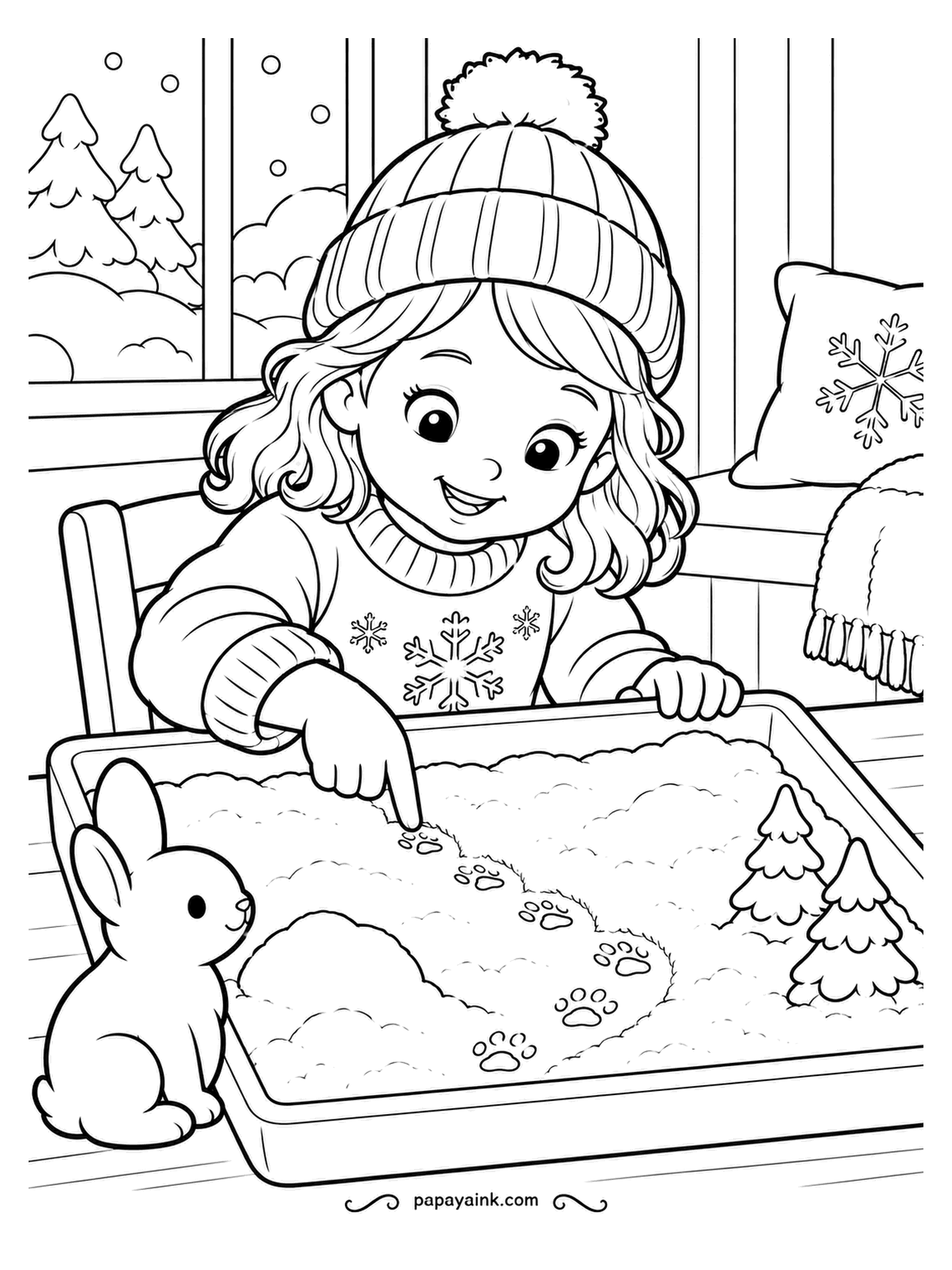 December Coloring Pages - Indoor snow in a shallow tray, a finger for a pen and a rabbit watching the paw prints appear. Whether the rabbit left them or is being framed for them is an open question. Fine tracks here, so sharpen the pencils before you start.