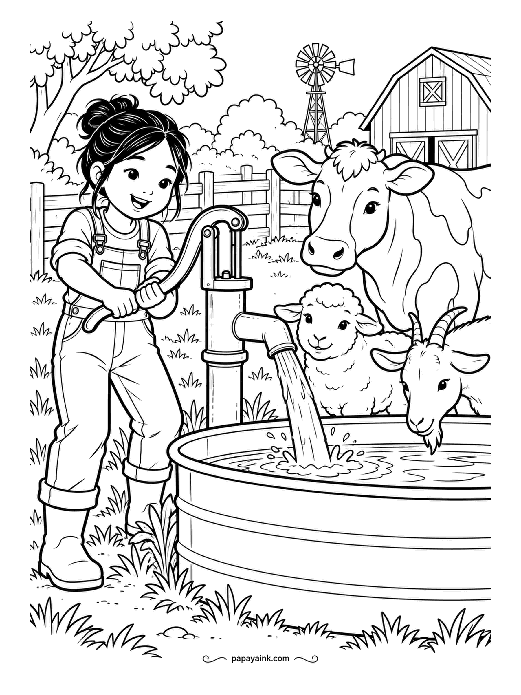 Farm Coloring Pages - Girl working a hand pump into a stock tank while a cow, a sheep and a goat wait at the rim for the water to rise. The windmill in back does the same job the slow way. Splashes in pale blue, the tank galvanized gray.