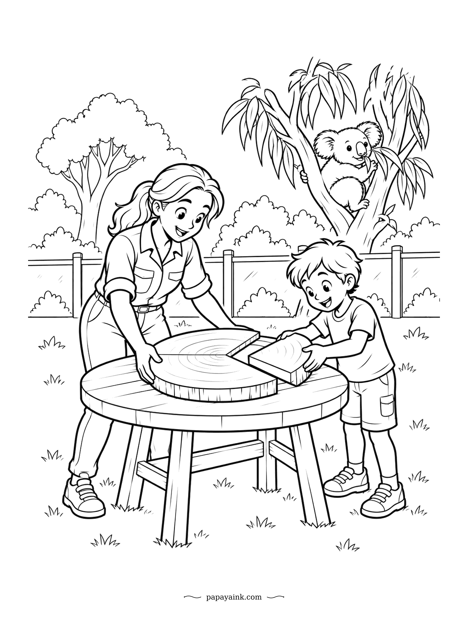 Koala Coloring Pages - Every ring in a tree trunk stands for a year of growth, so this wooden puzzle doubles as a counting lesson. The boy slots in the last wedge while the koala above stays out of the arithmetic. Clean outlines and leafy hedges.