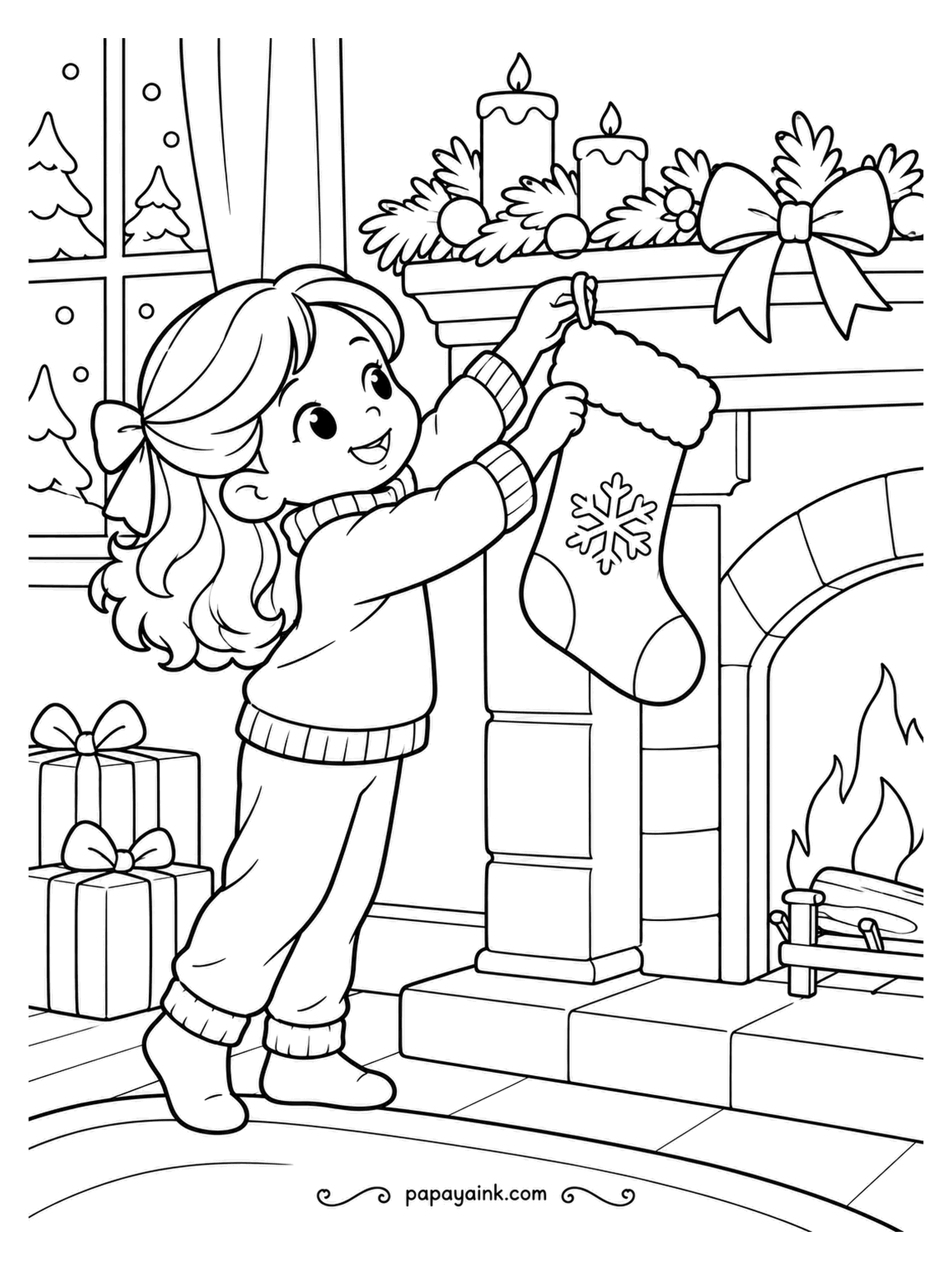 December Coloring Pages - On tiptoe to reach the hook: the stocking goes up under the candles and the big bow while wrapped boxes wait on the rug beside her. The fire is already lit. A fur-trimmed stocking takes a strong red with the snowflake left pale.