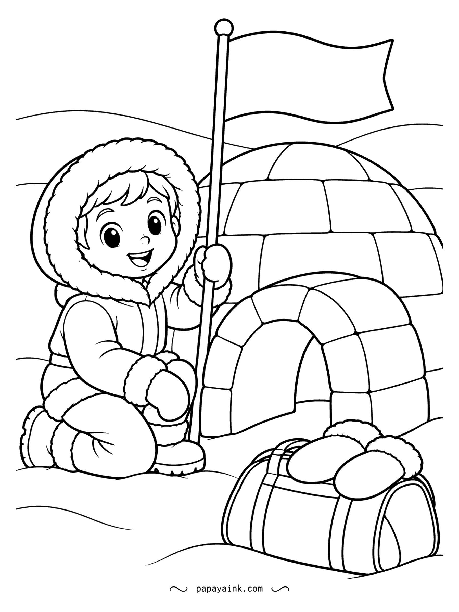 Free Printable Winter Coloring Pages - A fur-hooded parka, a pennant planted by the igloo door and a bag of supplies set down in the snow. The ice blocks run in neat curved rows. Shade every other block and the igloo looks built.