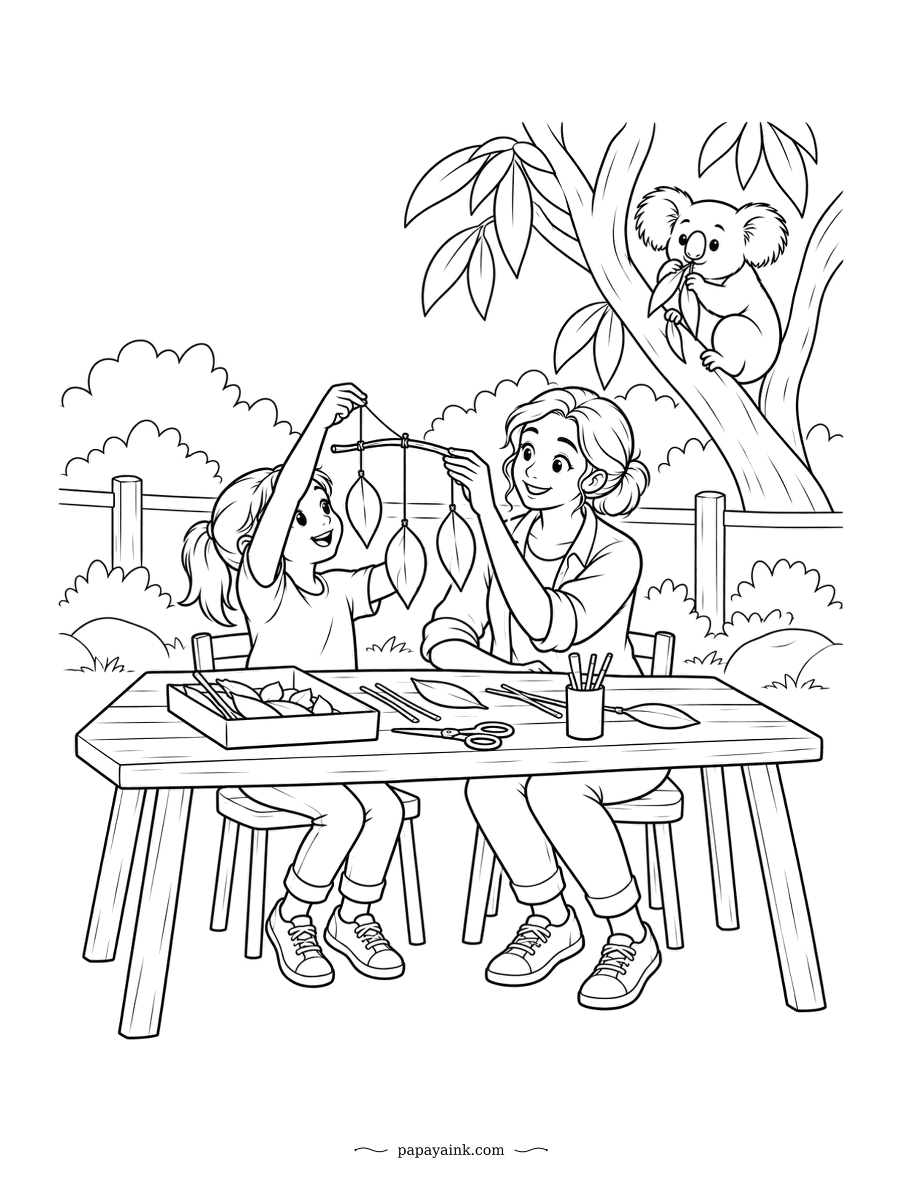 Koala Coloring Pages - A mobile of paper gum leaves, held up for inspection. The girl lifts it high, the grown-up straightens a string, and the koala compares it with the real thing it is chewing. Scissors, pencils and cut-outs cover the craft table.