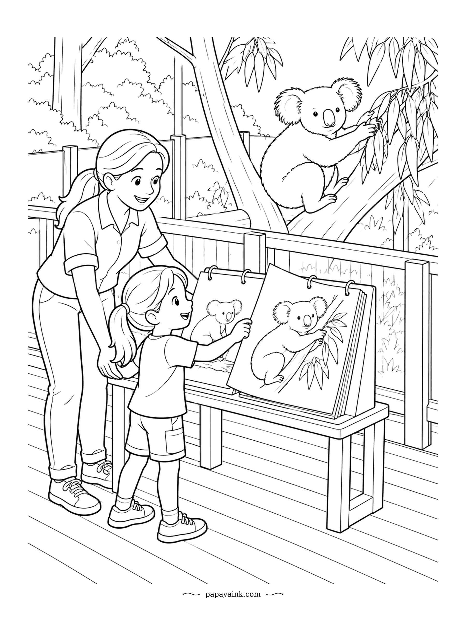 Koala Coloring Pages - Match the pose: the flip chart shows a koala reaching for leaves, and the koala in the tree behind is doing exactly that. The girl spots it before the grown-up does. Boardwalk planks and fence rails give plenty of straight edges.