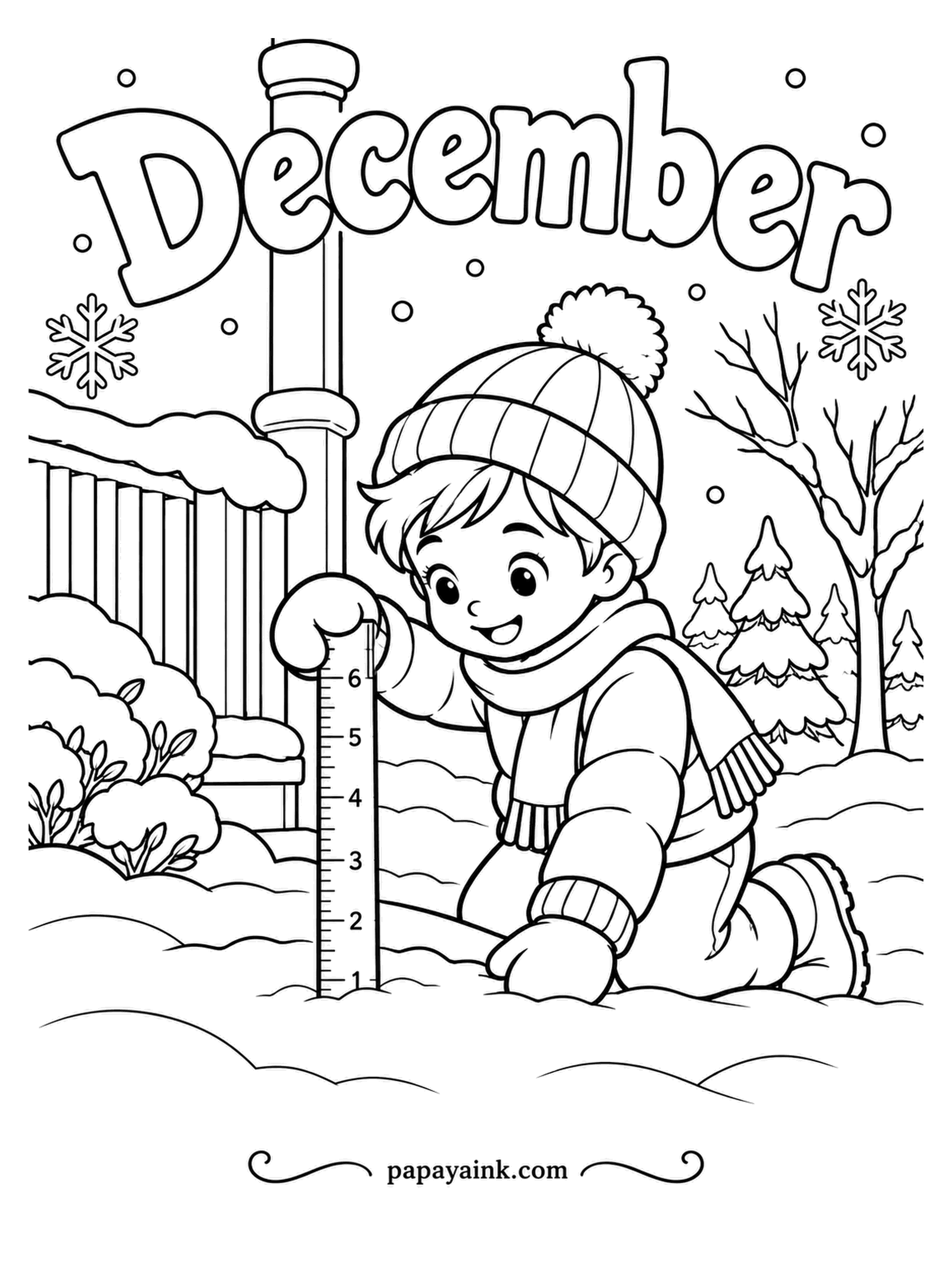 December Coloring Pages - Official snowfall report from the porch steps: the ruler is in, the reading is being taken, and the mittens are already soaked. The word December runs across the sky above it all. Shade the snowbanks pale gray and keep their top edges untouched.
