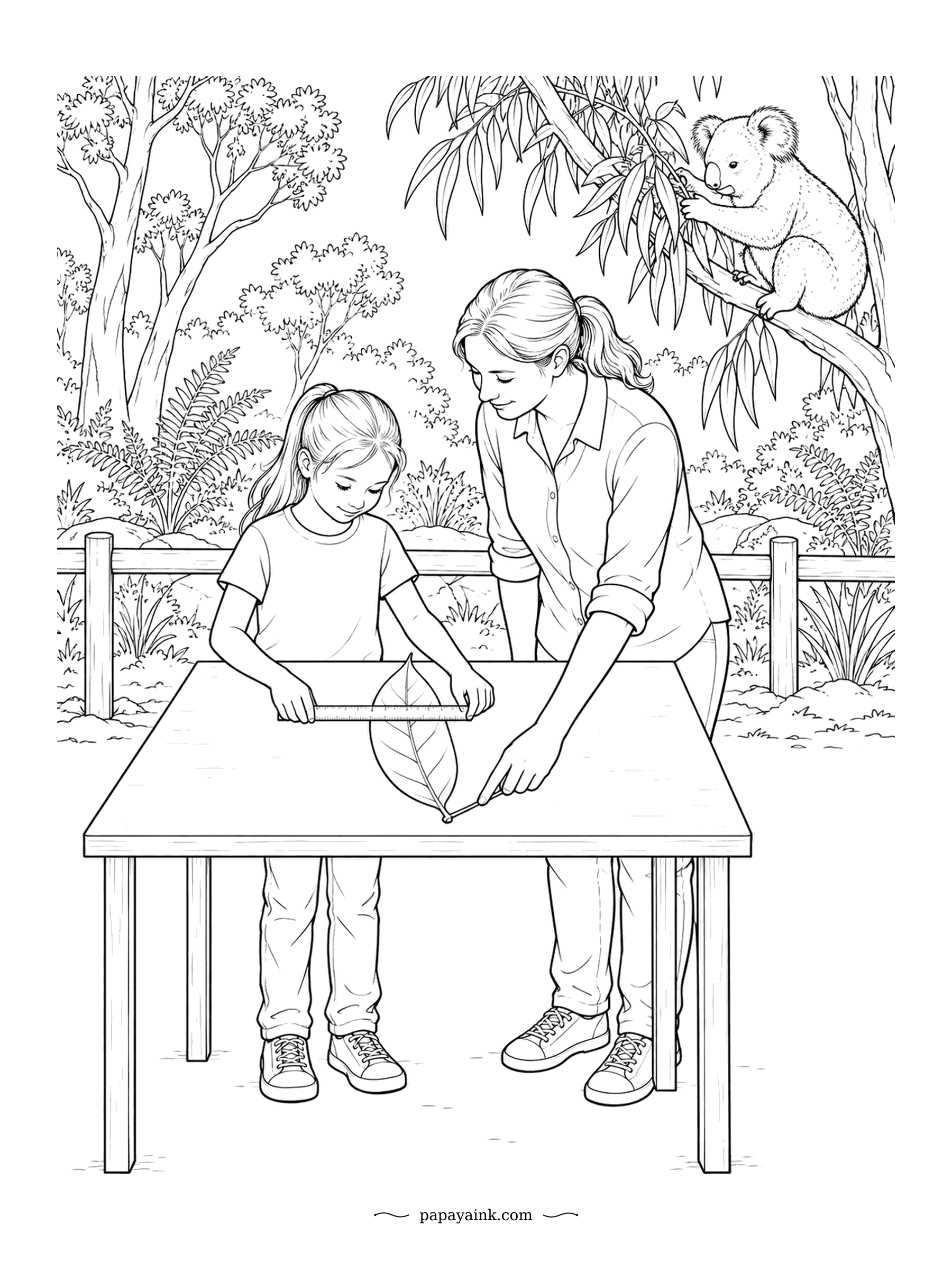 Koala Coloring Pages - Some gum leaves grow nearly as long as a school ruler, so measuring takes two. A girl sets the scale in place, a grown-up marks the tip, and the koala waits to see whether it gets the leaf back. Detailed bushland background.