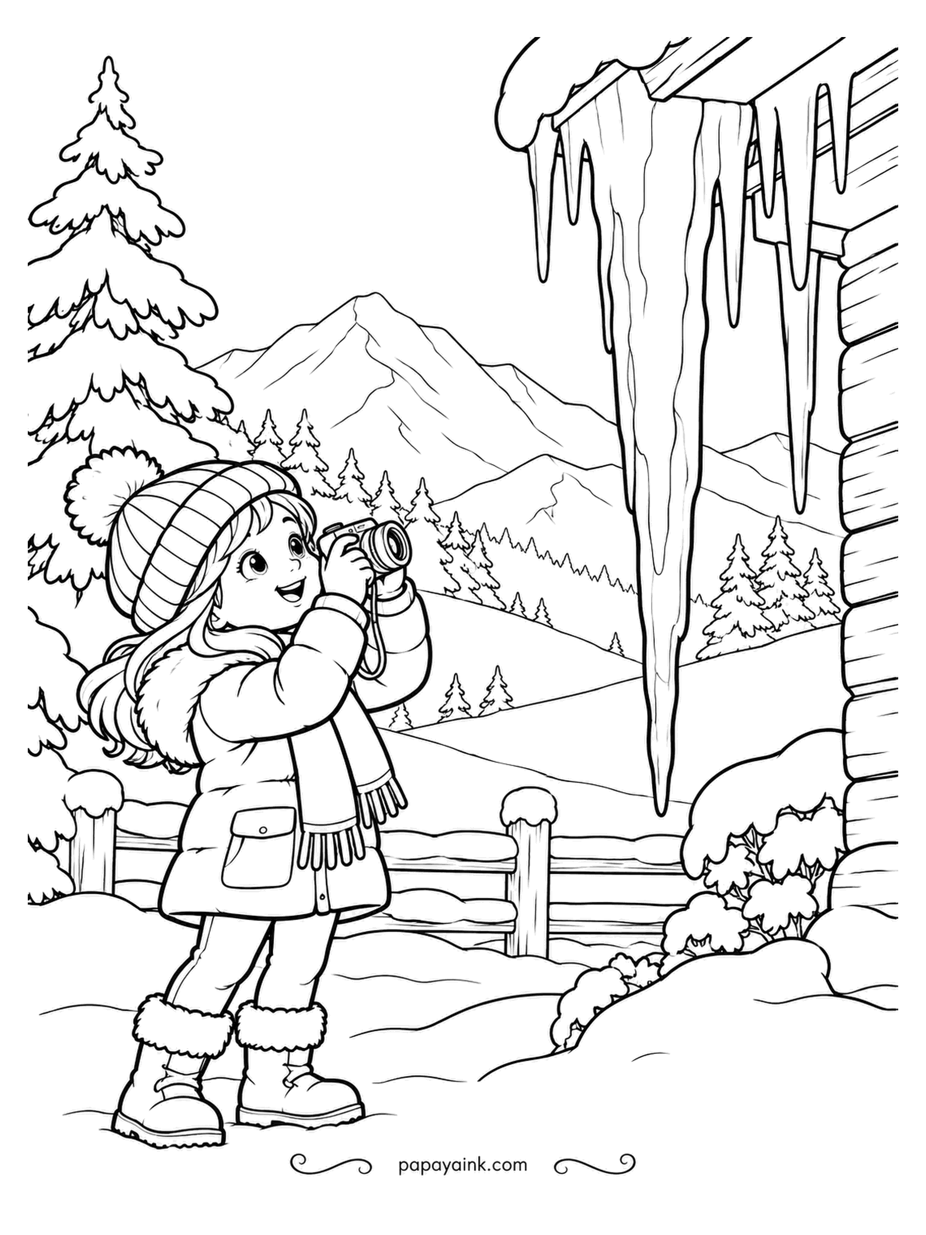 December Coloring Pages - The icicle hanging from the cabin roof is taller than the photographer, which is why she is taking the picture from well back. Mountains and firs fill the distance. A touch of blue along one edge of every icicle, and let the rest stay clear.