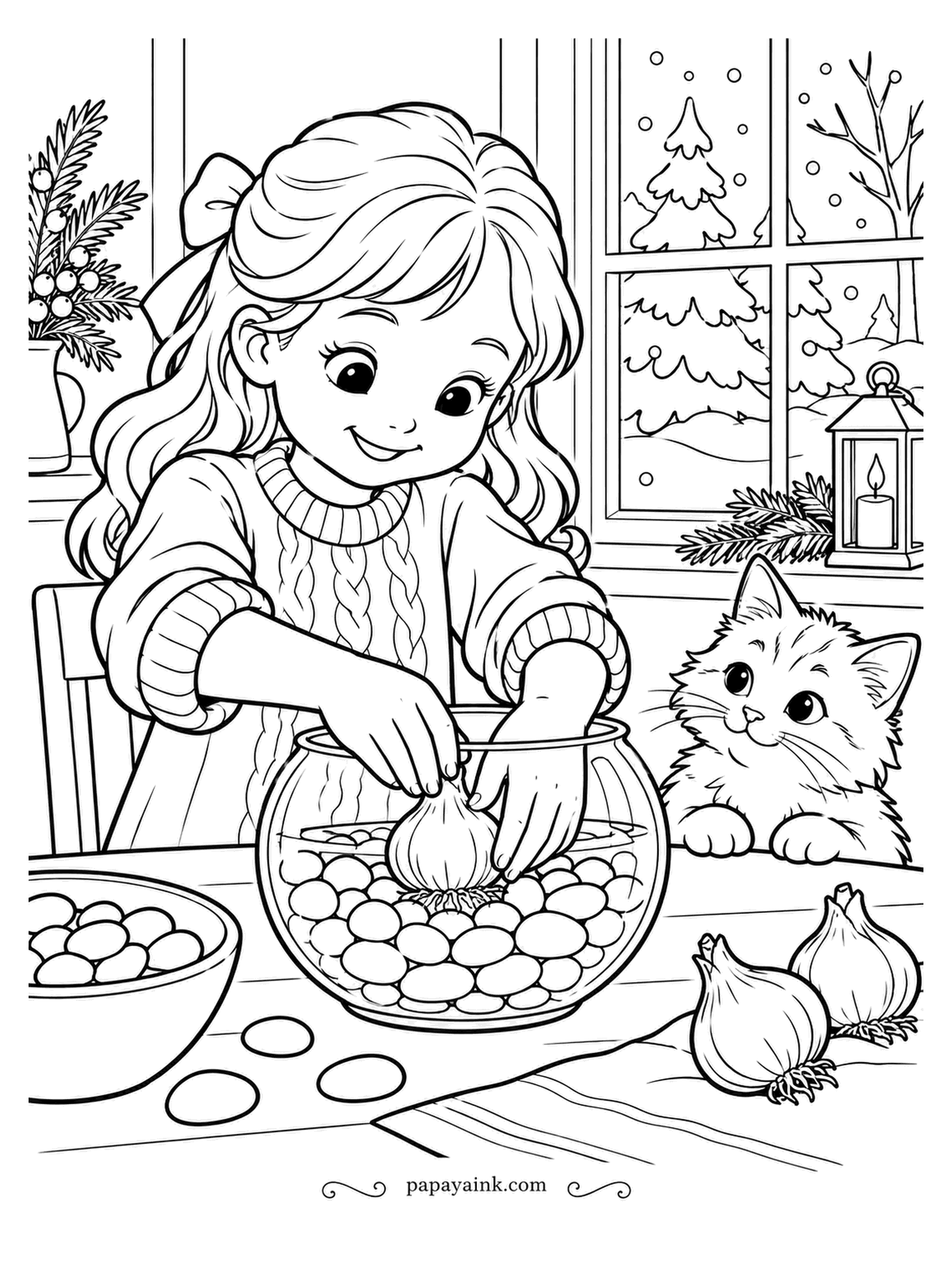 December Coloring Pages - Paperwhite bulbs need no soil, just pebbles and water in a glass bowl, and they flower within weeks - which is why people plant them in December. The kitten is skeptical. Mixed warm grays for the pebbles, papery tan for the bulb.
