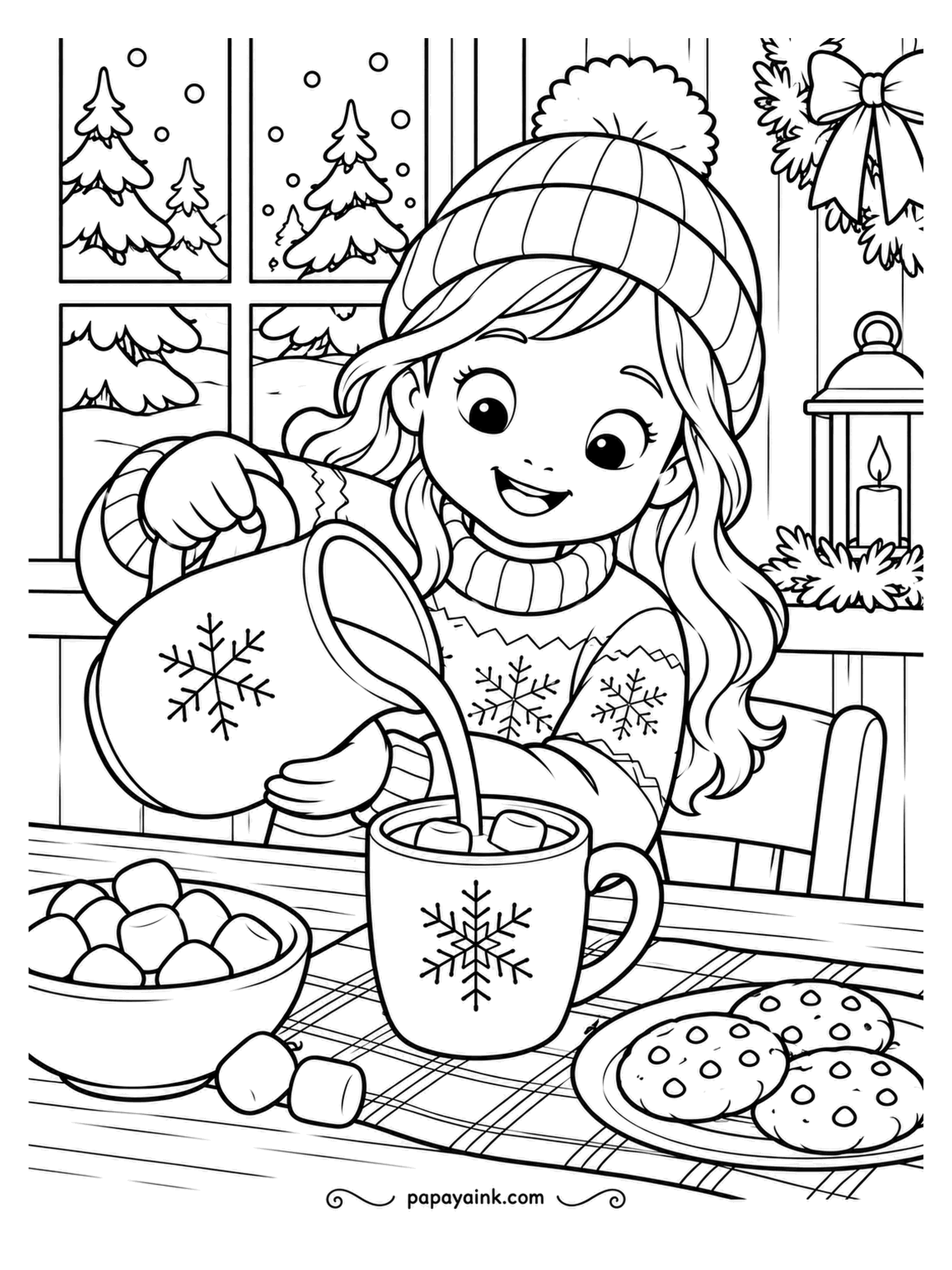 December Coloring Pages - A steady pour from the snowflake pitcher, marshmallows standing by in a bowl, cookies on a plate within reach. The lantern on the sill is doing the mood lighting. Brown for the cocoa, and the marshmallows stay paper-white.