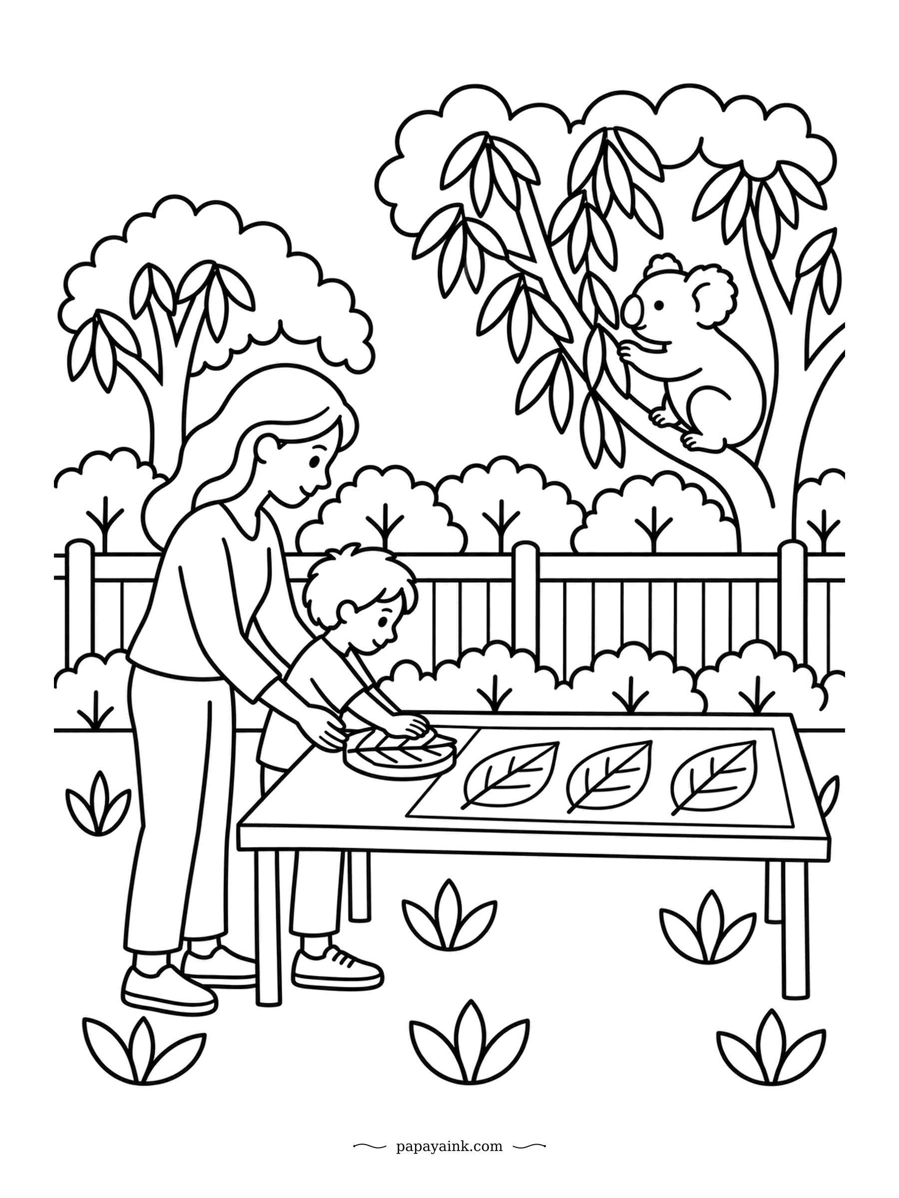 Koala Coloring Pages - Leaf printing at the garden table. A grown-up and a boy press a printing block onto paper while three finished outlines dry in a row. The koala up in the tree has opinions about the shapes. Bold lines - good for markers.