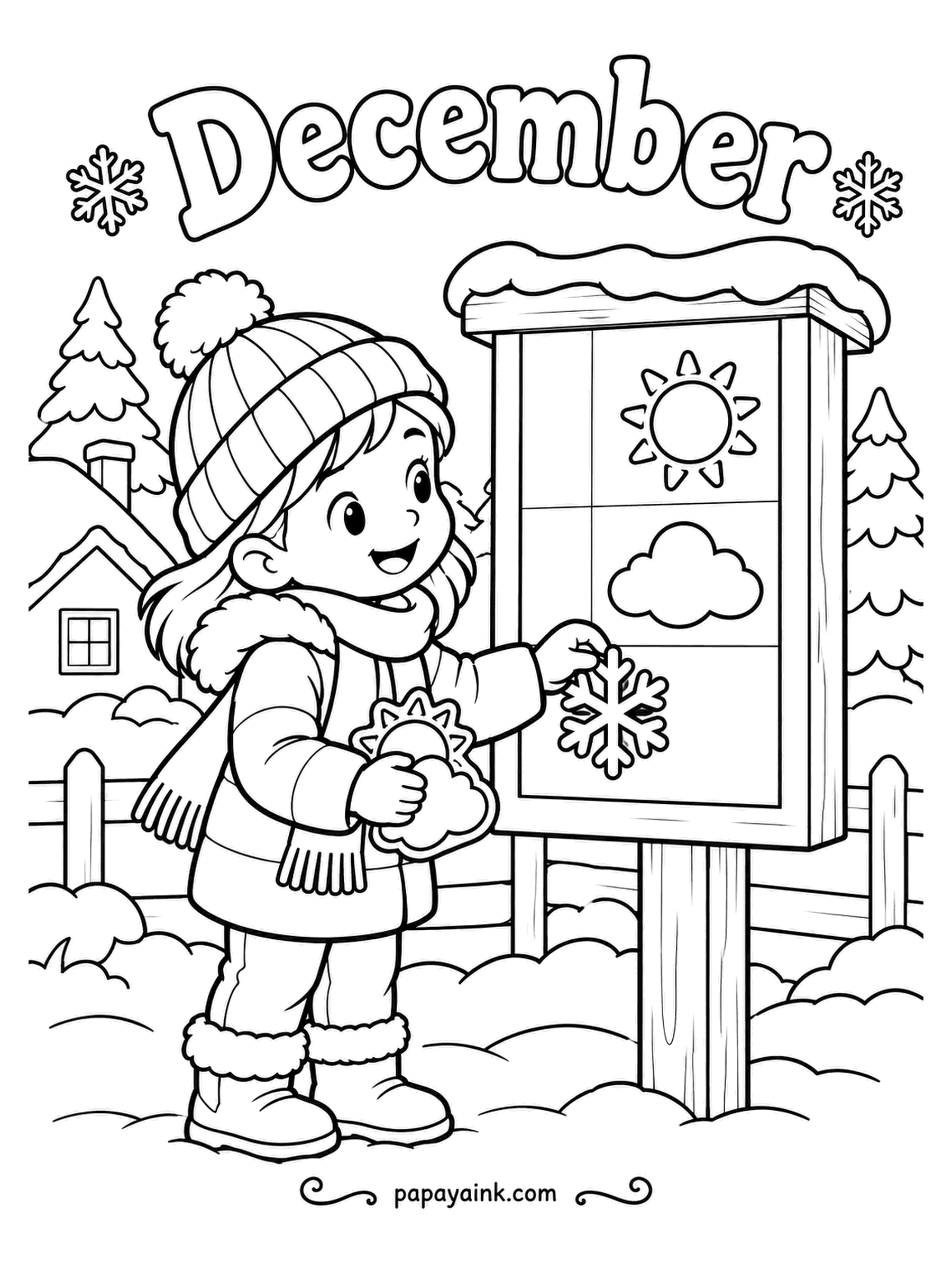 December Coloring Pages - Sun, cloud or snowflake? The weather board takes one card a day, and today's is being chosen by someone standing in snow up to her boots. The December lettering deserves a shade of its own. Big open shapes - a good first page.