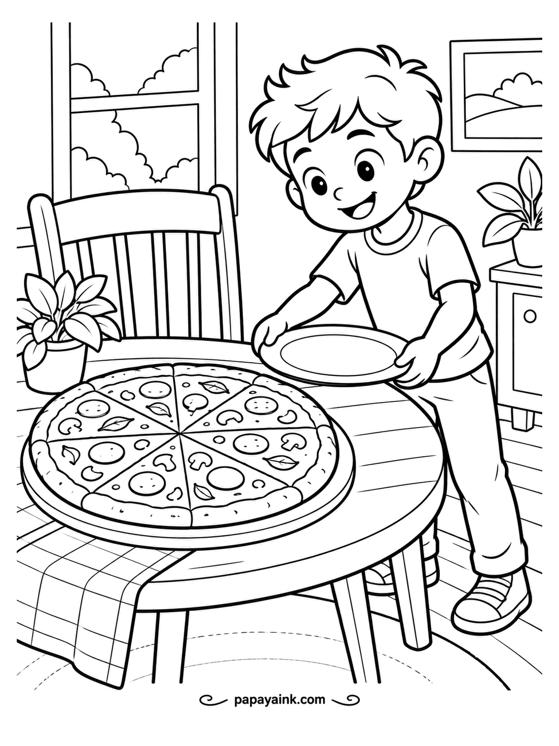 Pizza Coloring Pages - Plate in both hands, a boy sets the table for a pizza that is already there and already cut. Window, framed picture and a potted plant behind him. Simple shapes and a checked cloth to pattern as you like.