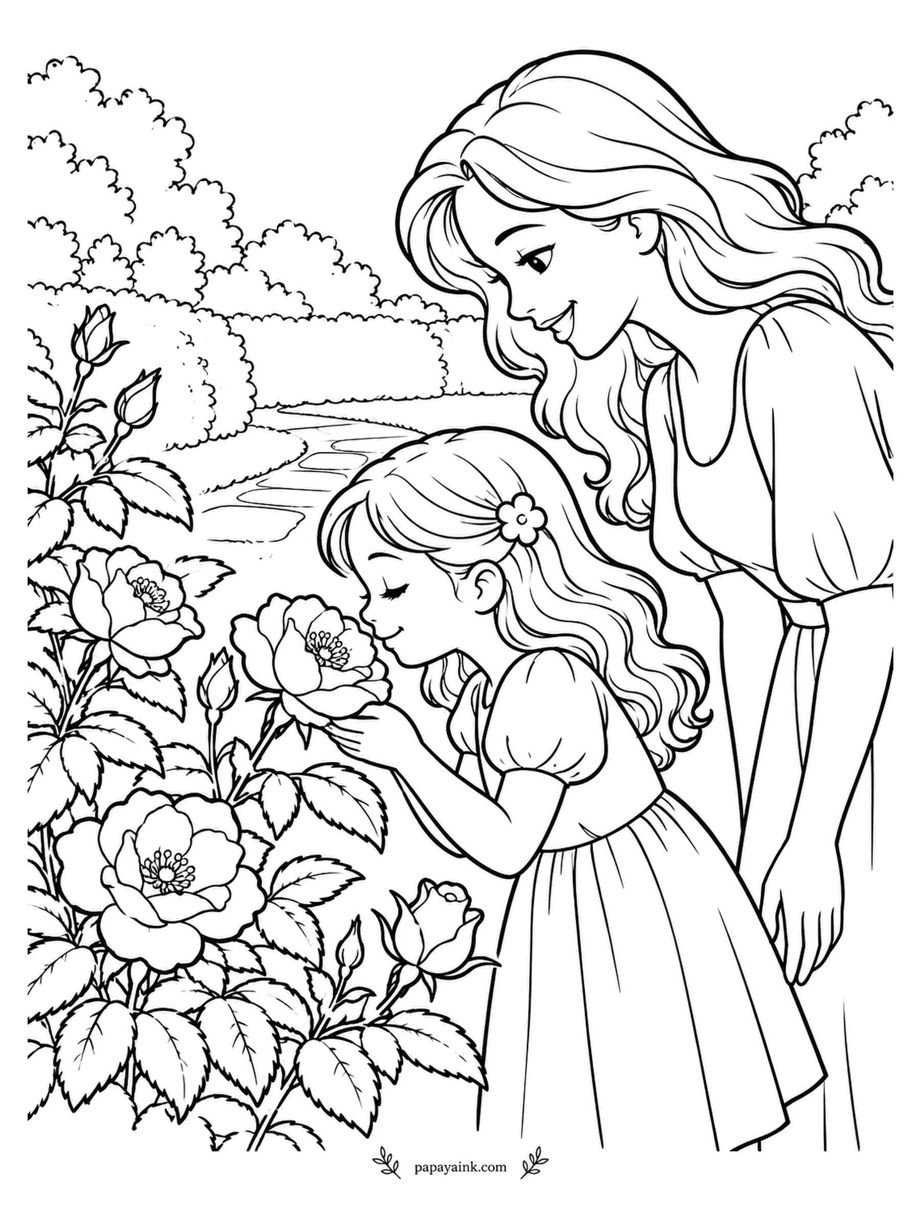 Rose Coloring Pages - Eyes closed, nose in the petals: the oldest test a rose can be given. A little girl takes it seriously while her mother leans over her shoulder, smiling. Keep the winding path pale so the two of them stand forward.