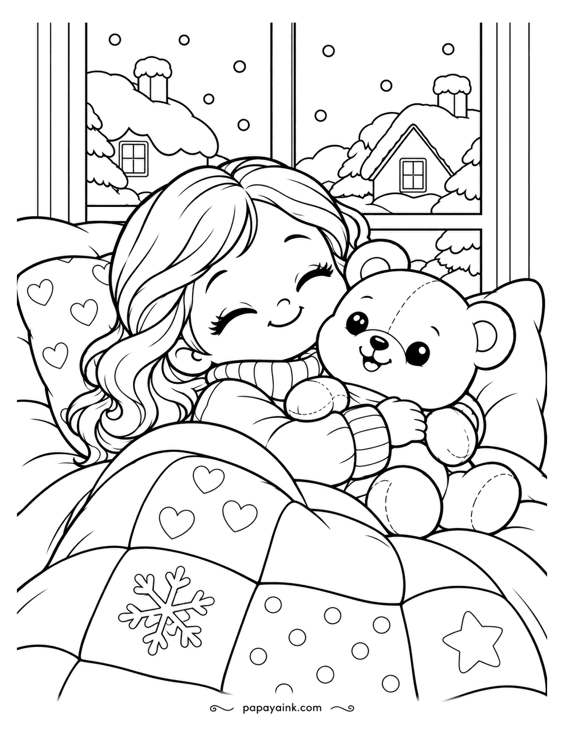 Cute Winter Coloring Pages - Tucked under a patchwork quilt with hearts, stars and snowflakes on the squares, a girl hugs her teddy and watches the snow fall past the window. Cottages on the hill outside. Give every quilt square its own color.