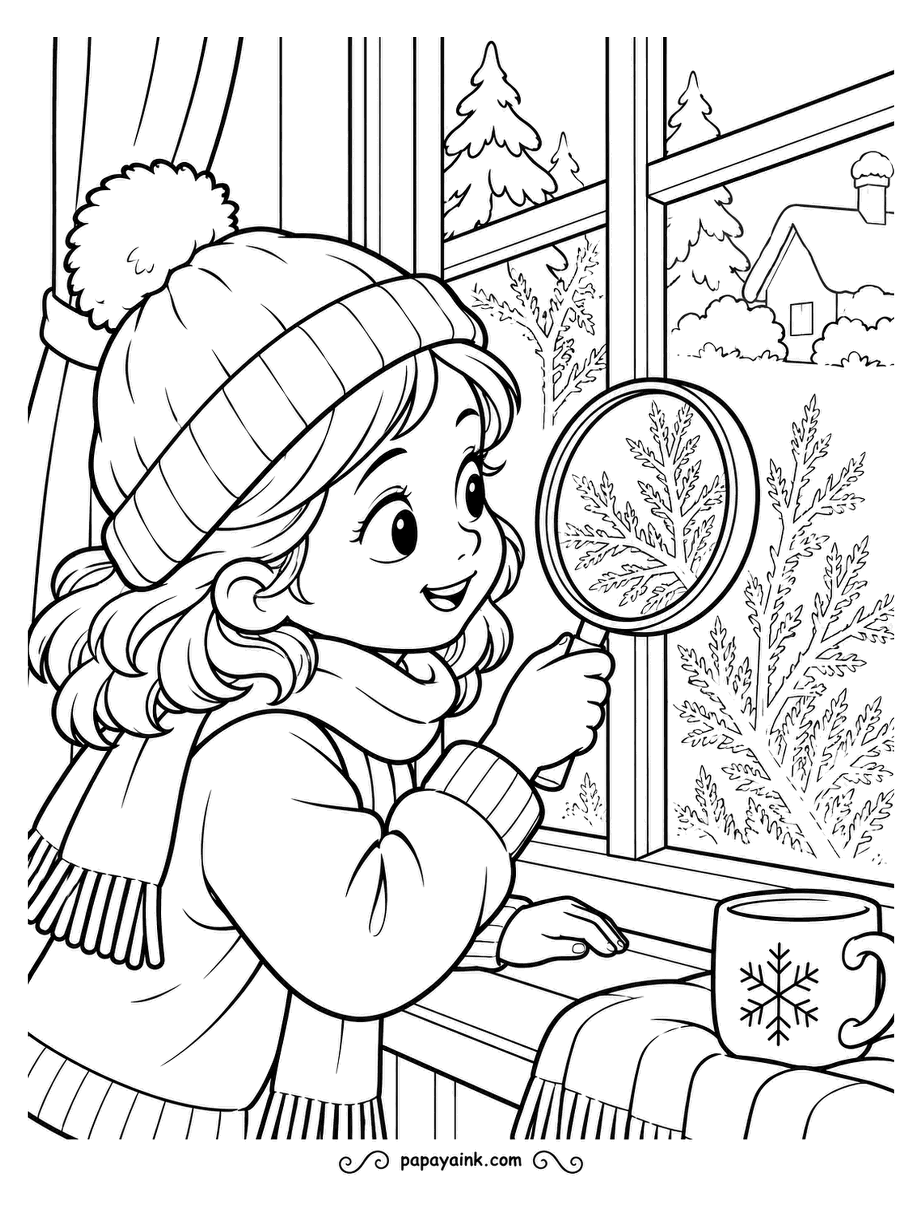December Coloring Pages - Frost ferns on the glass, examined through a magnifier at close range. The patterns grow where the pane is coldest, which is a free science lesson before breakfast. Detailed - the frost alone will keep a fine pencil busy for a while.