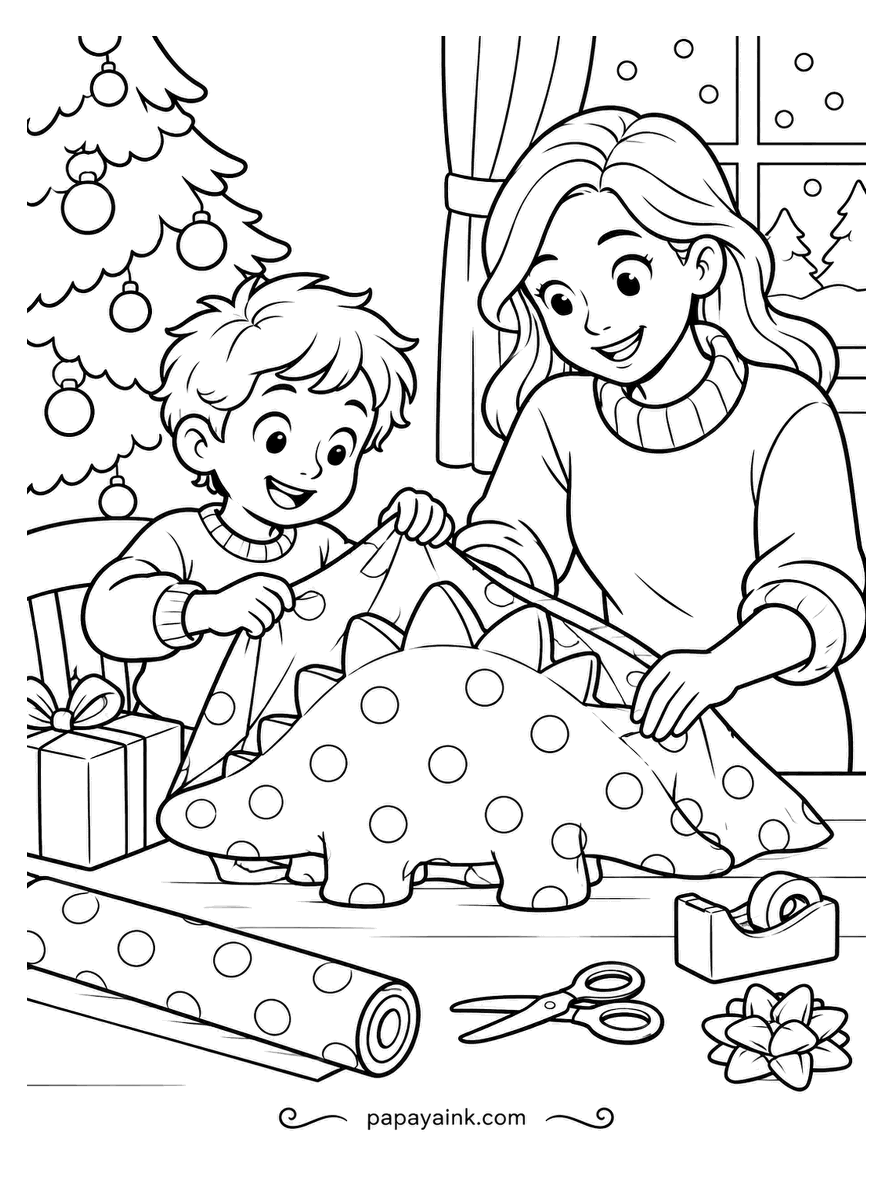 December Coloring Pages - Some gifts refuse to be wrapped. This one is a toy dinosaur, and the polka-dot paper is losing the battle against its back plates while mother and son hold the corners down. Bright dots on the wrapping, soft green on the dinosaur.