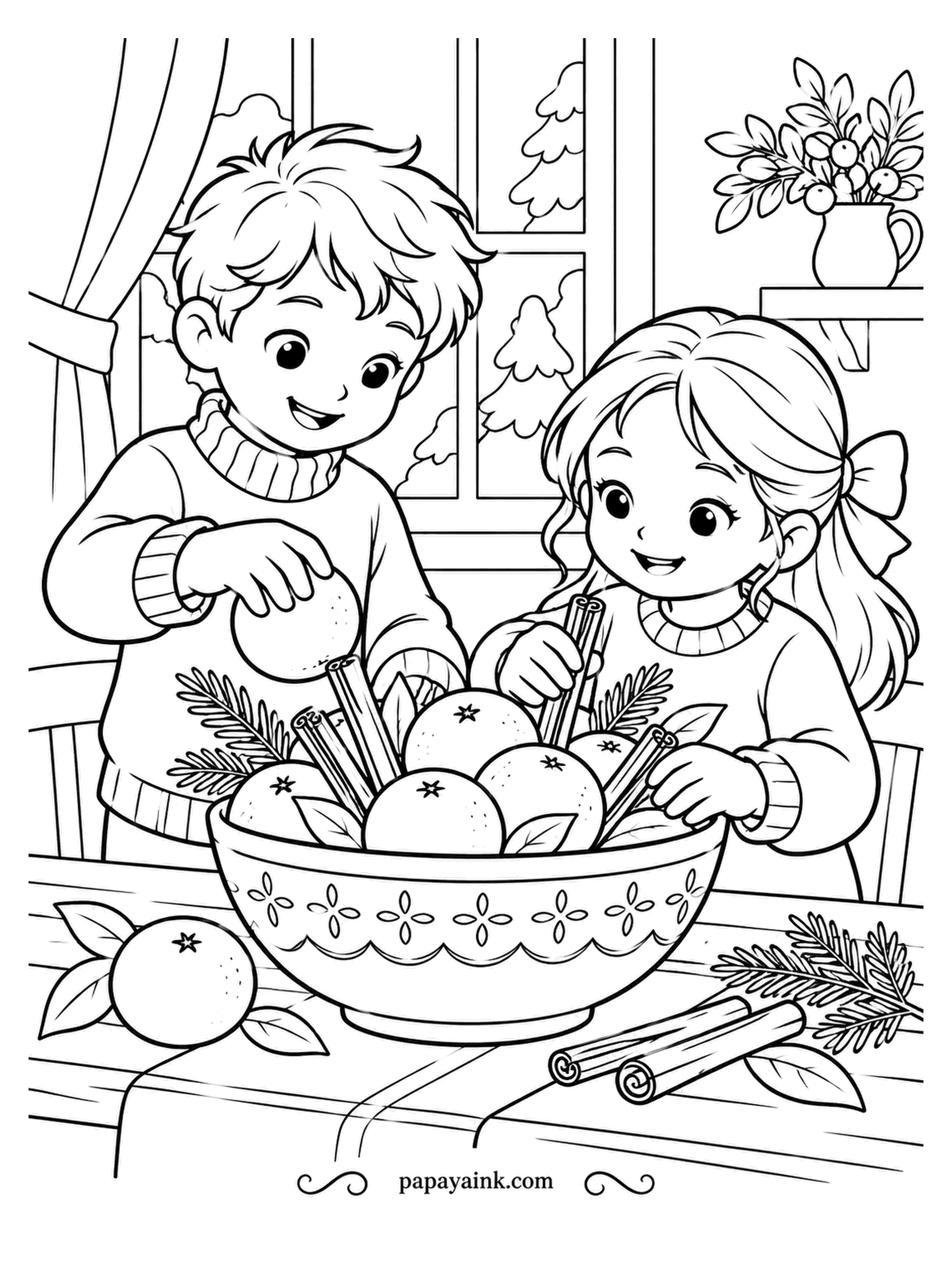 December Coloring Pages - Oranges and cinnamon sticks go into a patterned bowl with sprigs of fir between them. The smell is the real decoration here; the look is a bonus. Dimpled, uneven strokes on the peel, and a dark reddish brown on the cinnamon.