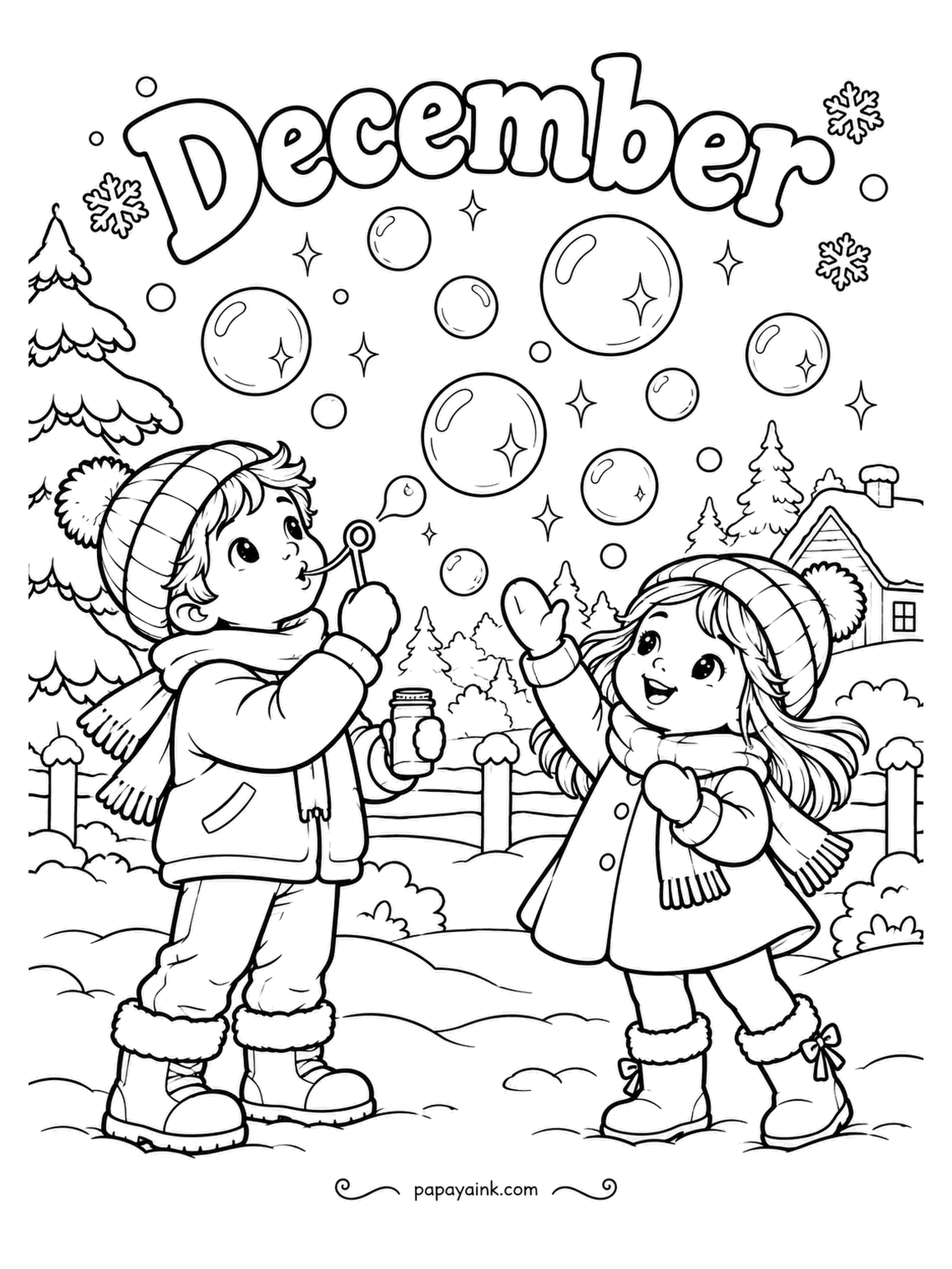 December Coloring Pages - Bubbles in freezing air behave differently: they drift slowly and sparkle before they pop. Two children under the word December are finding this out, one with the wand, one trying to catch the results. Faint rainbow tints on the bubbles, nothing heavy.