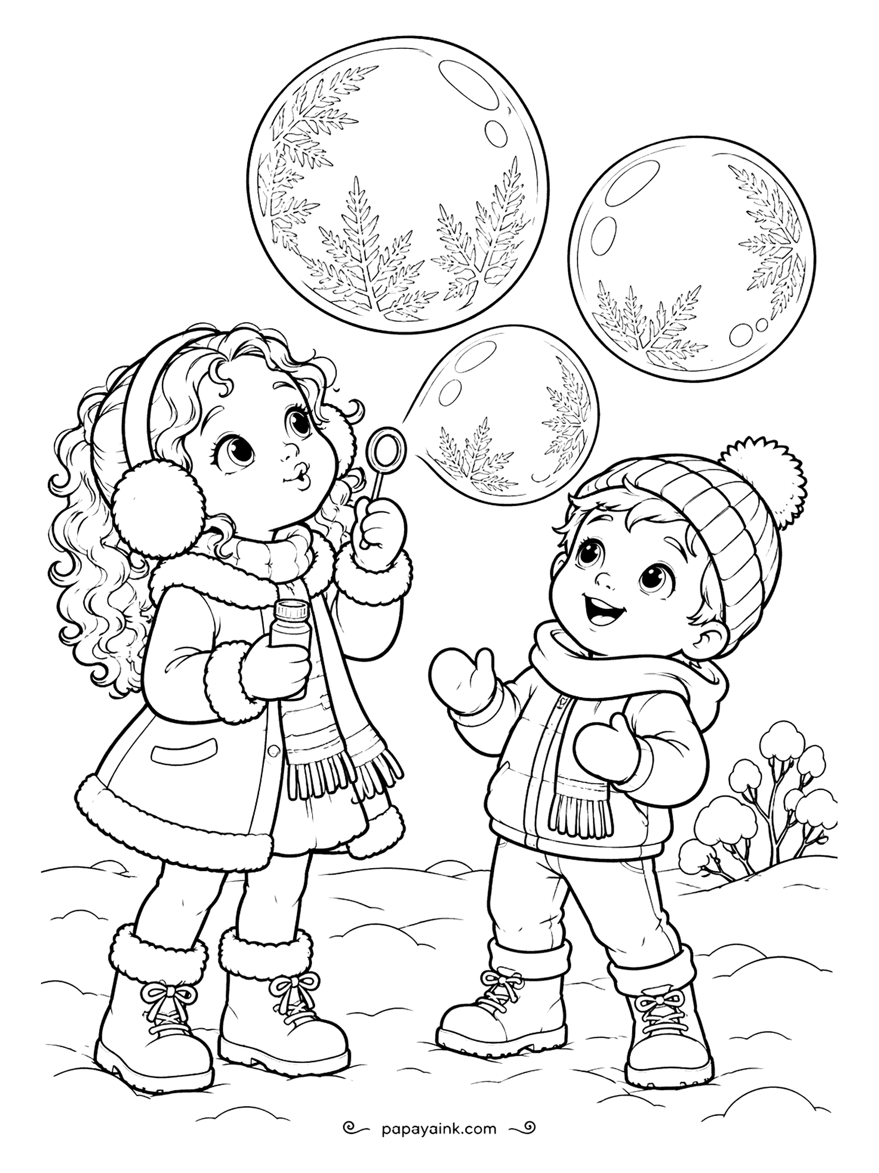 Free Printable Winter Coloring Pages - Cold enough that the soap bubbles freeze in midair, and the children have noticed. Each giant globe carries feathery frost patterns inside while the girl lifts her wand for another. Leave the bubbles nearly white and shade only the frost - Detailed.