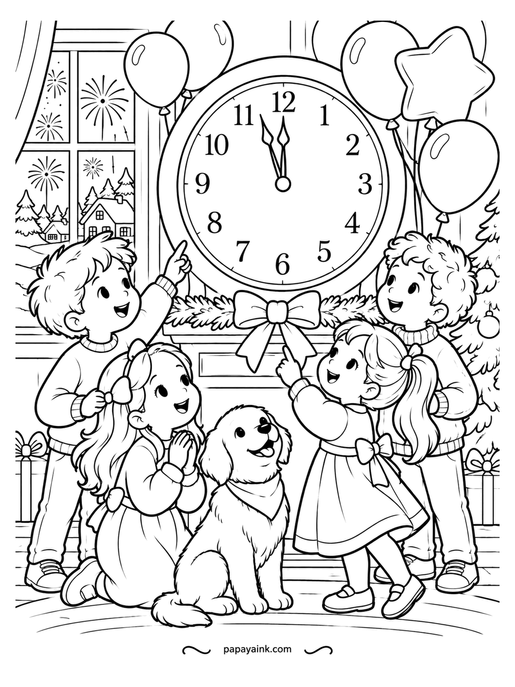 December Coloring Pages - Minutes to midnight. The big clock on the wall is almost at twelve, the balloons are up, fireworks are already starting outside the window, and the dog is as excited as the children. A big round clock face takes gold well.