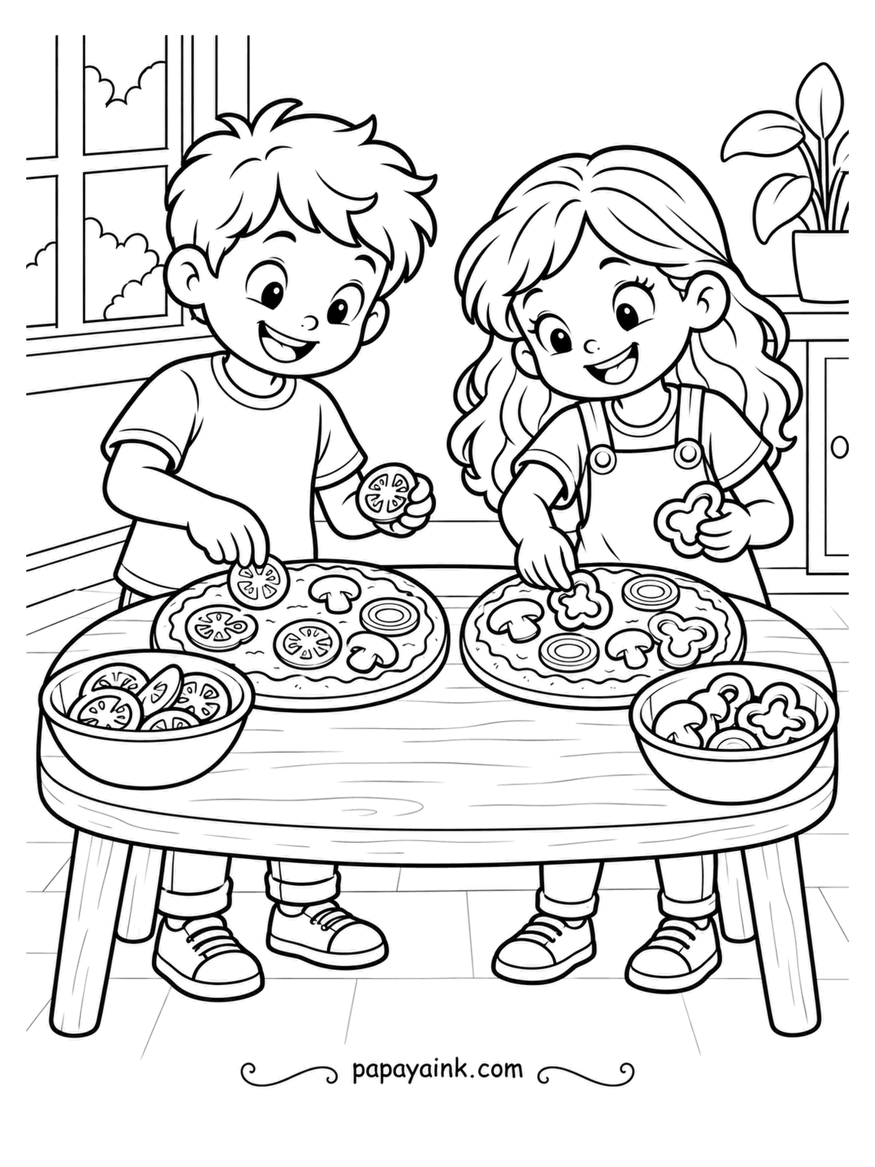 Pizza Coloring Pages - Two kids build their own mini pizzas from bowls of tomato slices and pepper rings, and the toppings are going on by the handful. Flat, friendly shapes with a lot of white space, good for younger colorists.