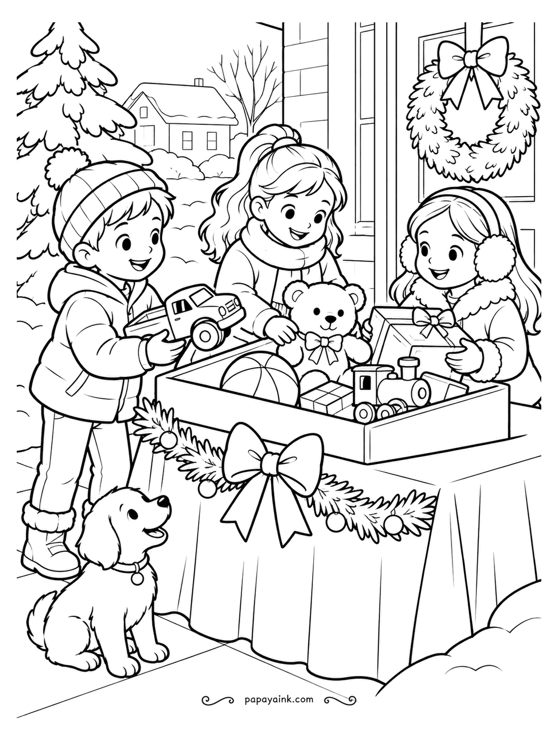 December Coloring Pages - Toy drive on a snowy street. A truck, a teddy bear, a ball and a wooden train go into the crate, and the puppy checks that nothing gets left behind. Give each toy its own bright shade against the plain crate.