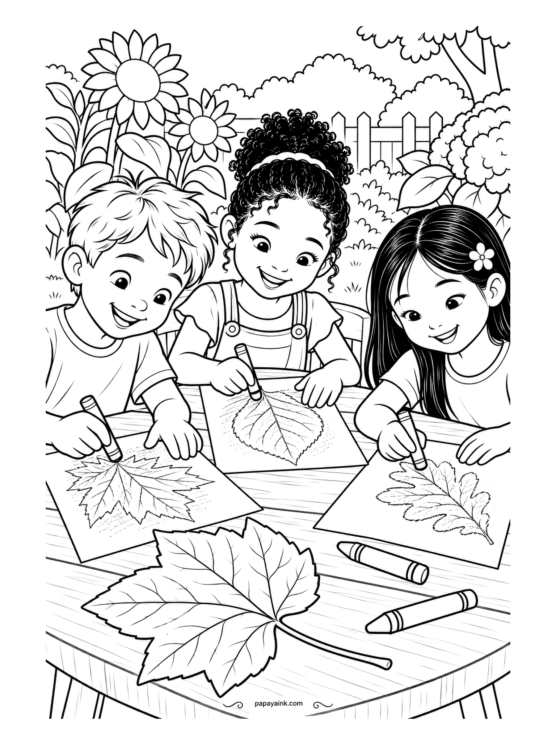 Garden Coloring Pages - Three children at a garden table rub crayons over paper laid on leaves, and the veins come through as patterns on the page. Each rubbing in a different color, with a big maple leaf on the table in green for contrast.