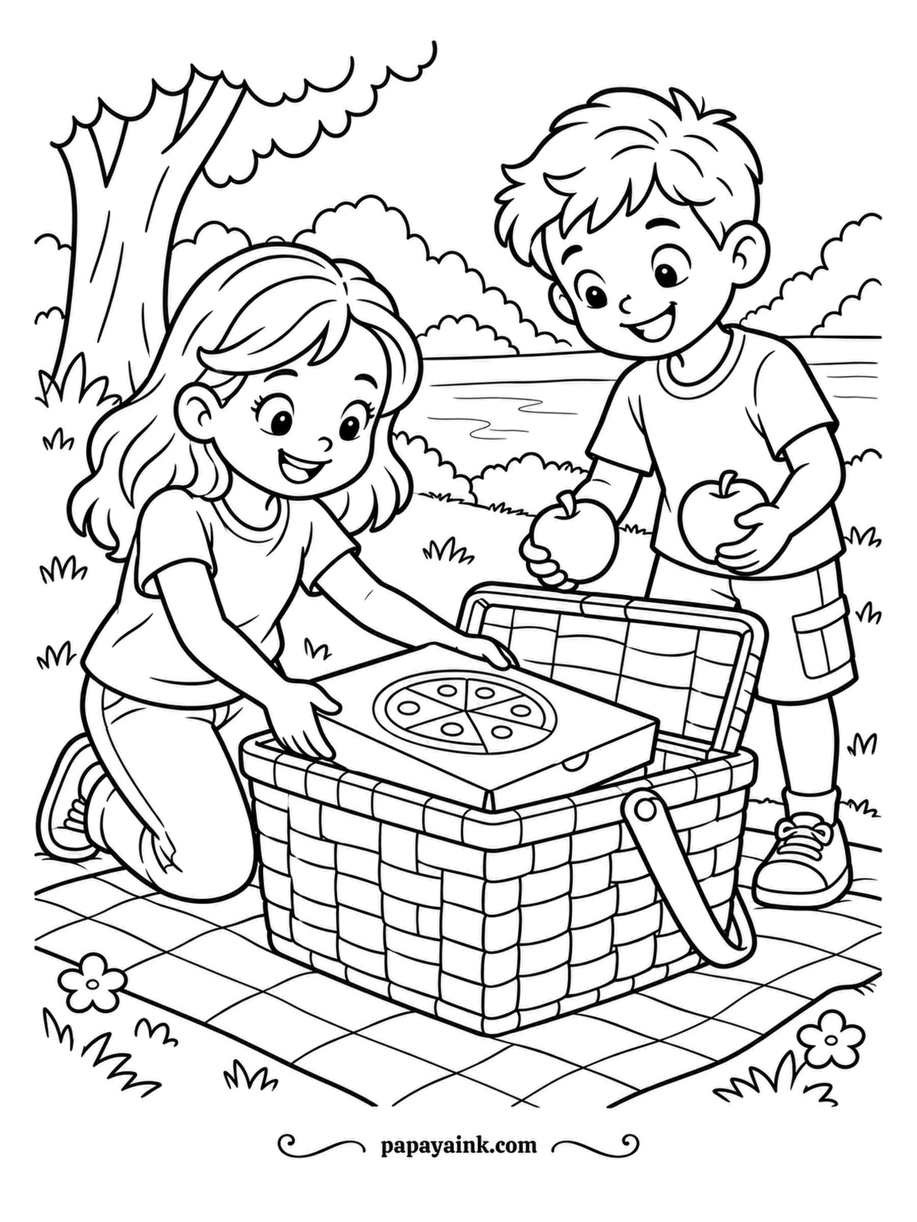 Pizza Coloring Pages - Packing order matters: the pizza box goes in the basket first, then the apples. Girl kneeling, boy standing, lawn and a big tree behind them. Weave the basket in two tans and keep the apples glossy.