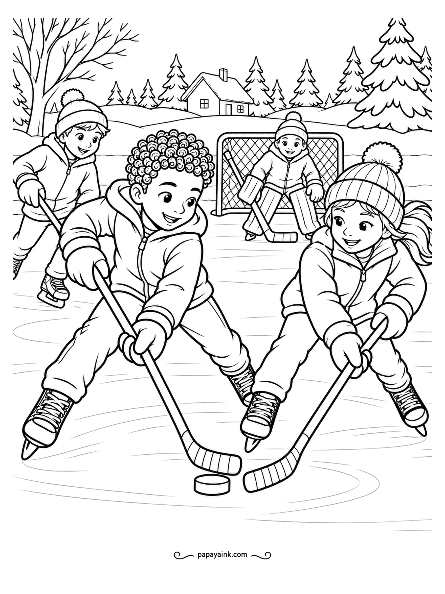December Coloring Pages - Pond hockey, neighborhood rules: a goalie who is half the size of the net, two sticks on one puck, and skate tracks curving across the ice. Give each player a different jacket color so the two sides are easy to tell apart.
