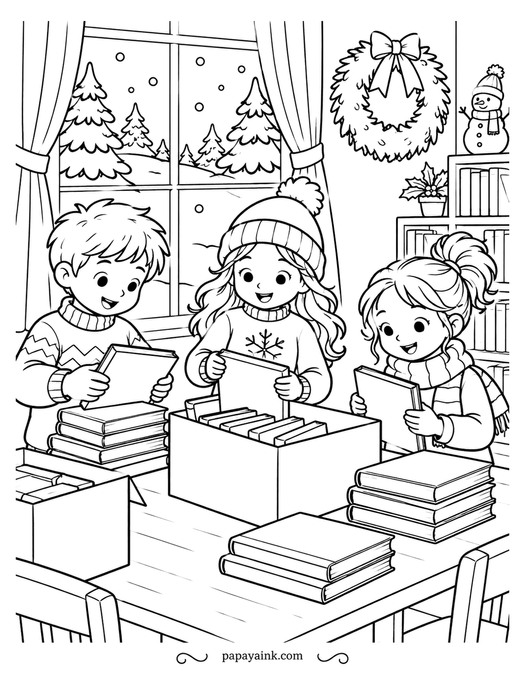 December Coloring Pages - Book exchange day, and the sorting keeps stalling because all three sorters stop to read the backs. A crate of books, stacks on the table, chairs pushed aside. Vary the spine hues and make a few covers worth a second look.