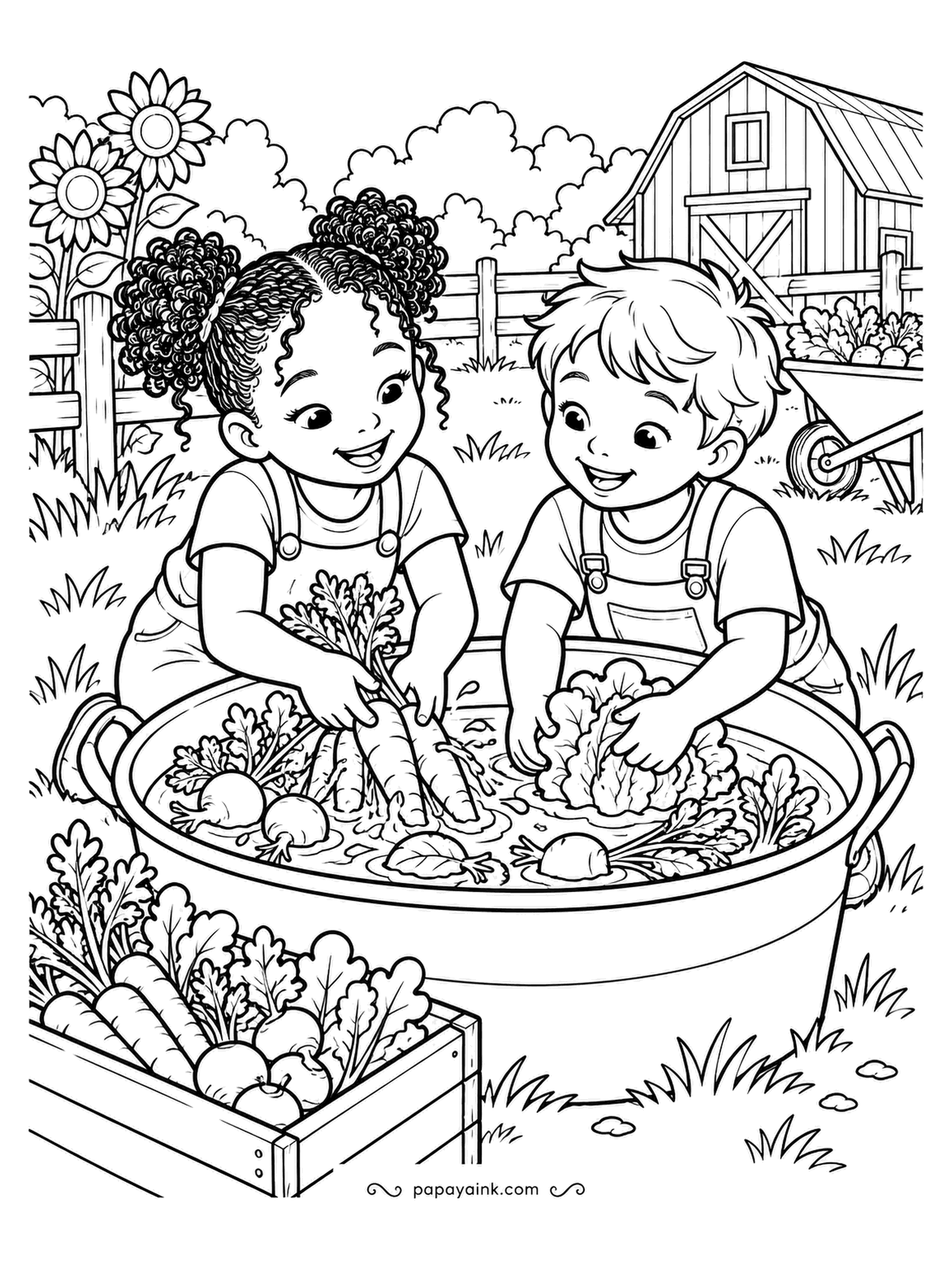 Farm Coloring Pages - Two kids rinsing carrots, radishes and lettuce in a big tub outside, the crate of unwashed ones beside it and a wheelbarrow waiting in back. Dirt comes off, water goes everywhere. Orange, red and several greens in the basin.