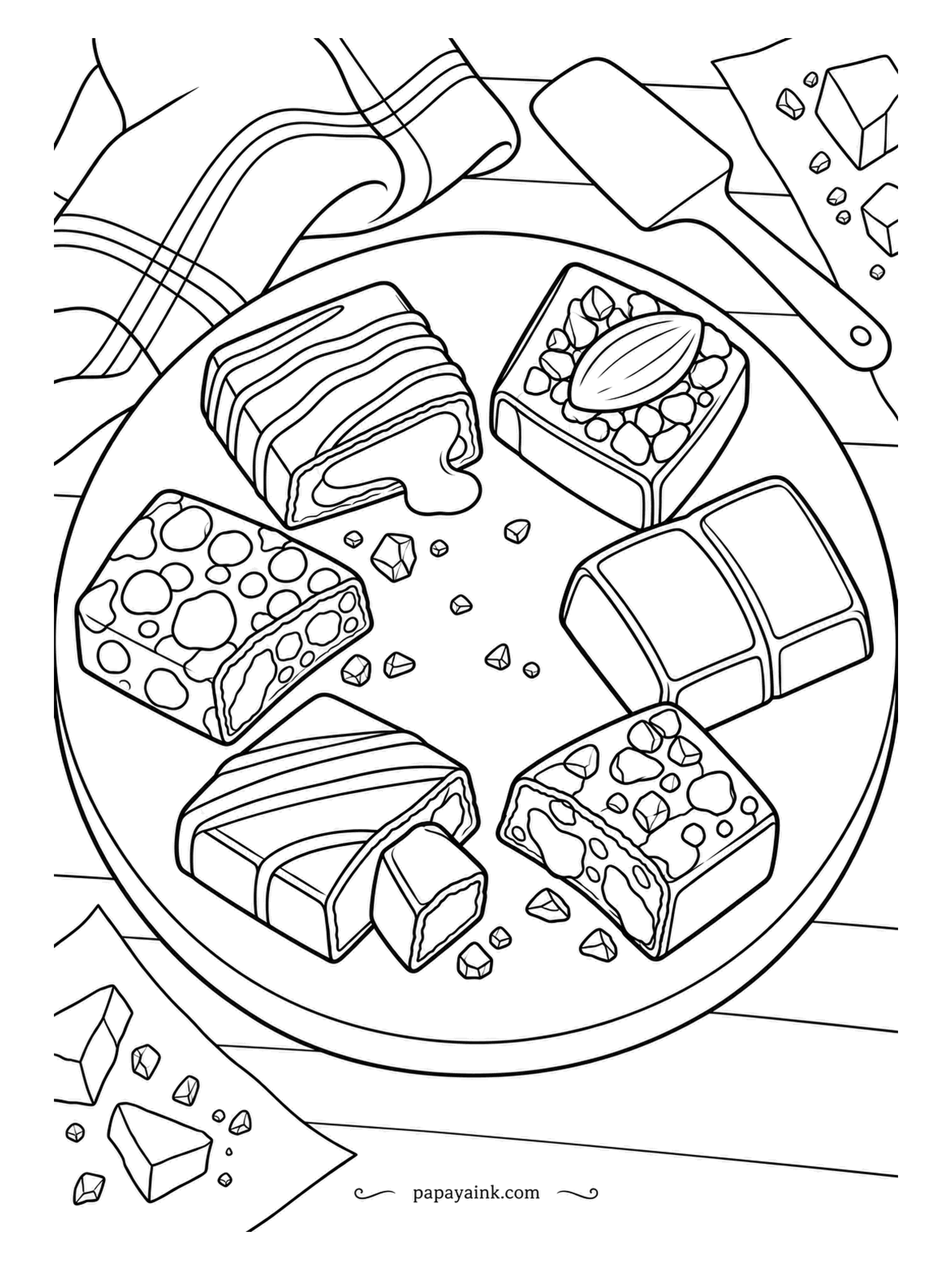 Candy Coloring Pages - Chocolate bar pieces laid out on a round tasting board - filled, layered, nutty and nougat - with a spatula and scattered crumbs. Seen from directly above. Detailed - browns for the shells, cream and gold for the fillings.