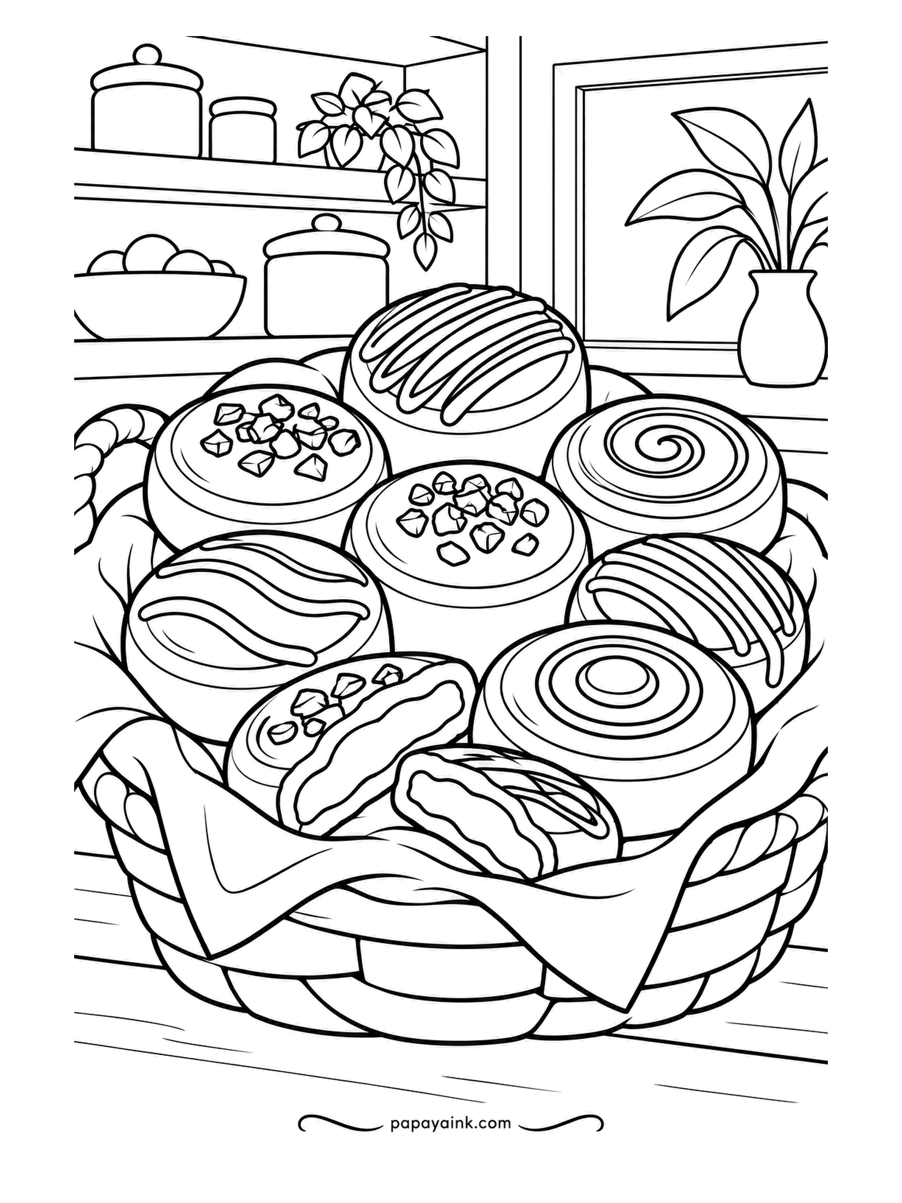 Candy Coloring Pages - Chocolate medallions in a cloth-lined basket on the pantry table: drizzled tops, chopped-nut tops, a spiral, and a slice cut through to show the layers. Jars and a trailing plant fill the shelves. Three browns - milk, dark, and the pale nougat inside.