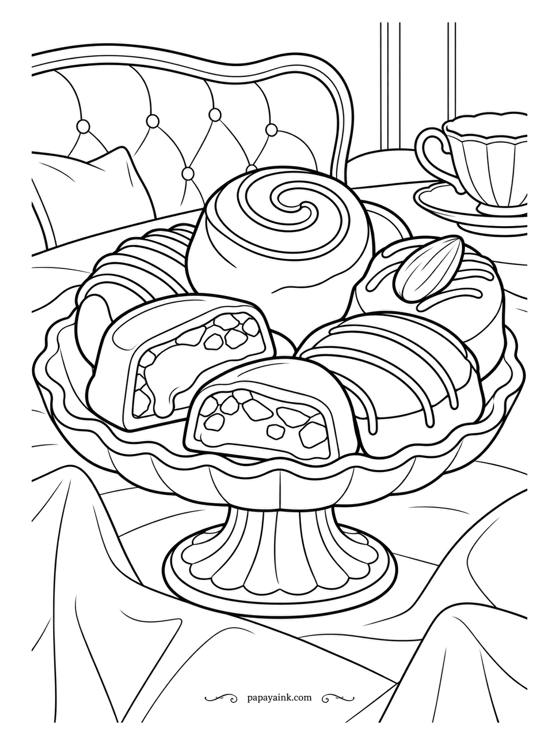 Candy Coloring Pages - Medallions of chocolate on a scalloped pedestal in the parlor, a swirl, an almond top, drizzle, and two cut to the nutty middle, with a tufted sofa and a teacup behind. Milk and dark, the nuts in pale tan.