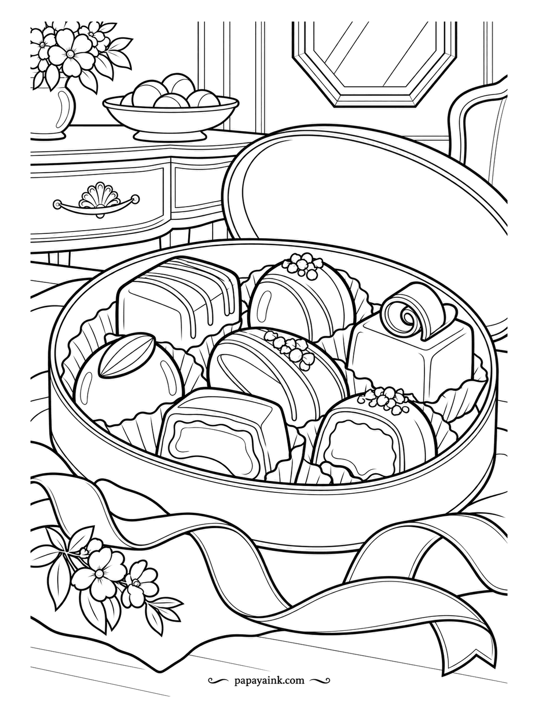 Candy Coloring Pages - Round tin of pralines on the antique sideboard, pleated cups throughout, sprinkled, swirled and toffee-topped, a ribbon trailing from the lid. Blossoms and a fruit dish on the shelf. Dark shells, lighter tops.
