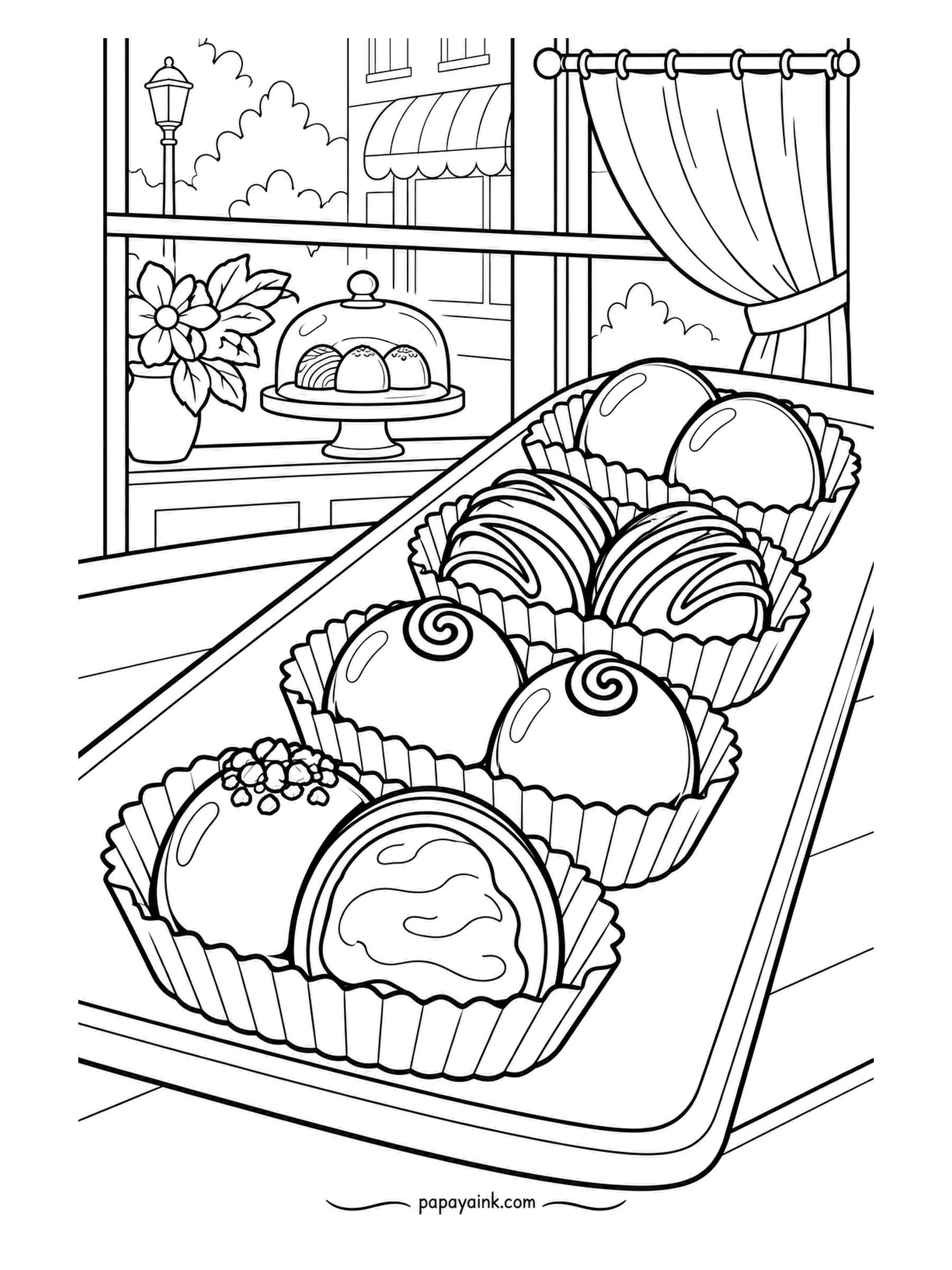 Candy Coloring Pages - Lined up in pleated cups on a long tray by the window, the chocolate truffles come swirled, drizzled, sprinkled, and one cut in half. Outside, a streetlamp and an awning. Every brown from light to bitter; leave the cups white.