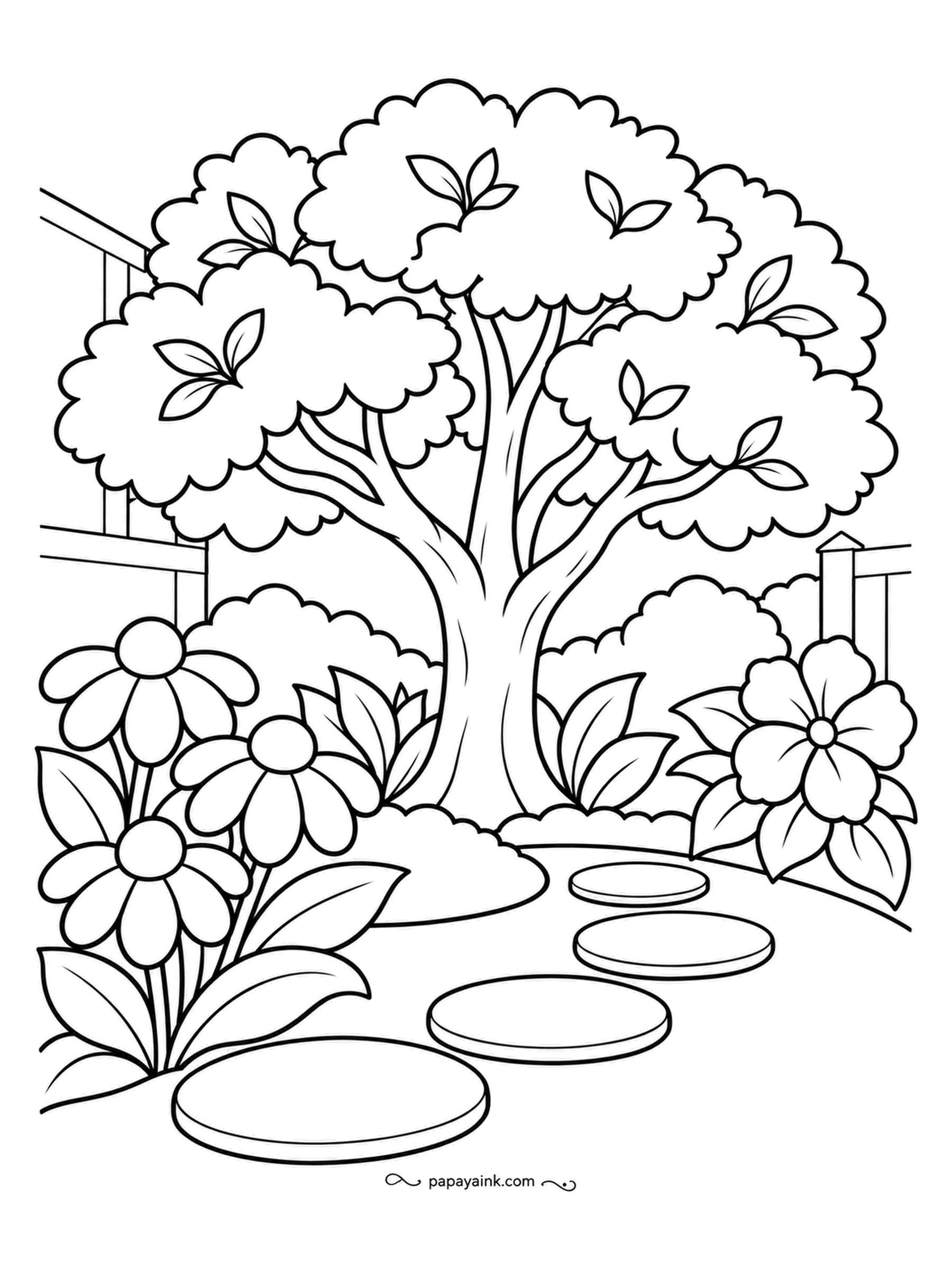 Garden Coloring Pages - One round-headed tree holds the center while flat stepping stones curve around its roots. Coneflowers crowd the left corner, a single open blossom balances the right. The canopy is drawn in big cloud shapes, so two greens are enough to give it depth.