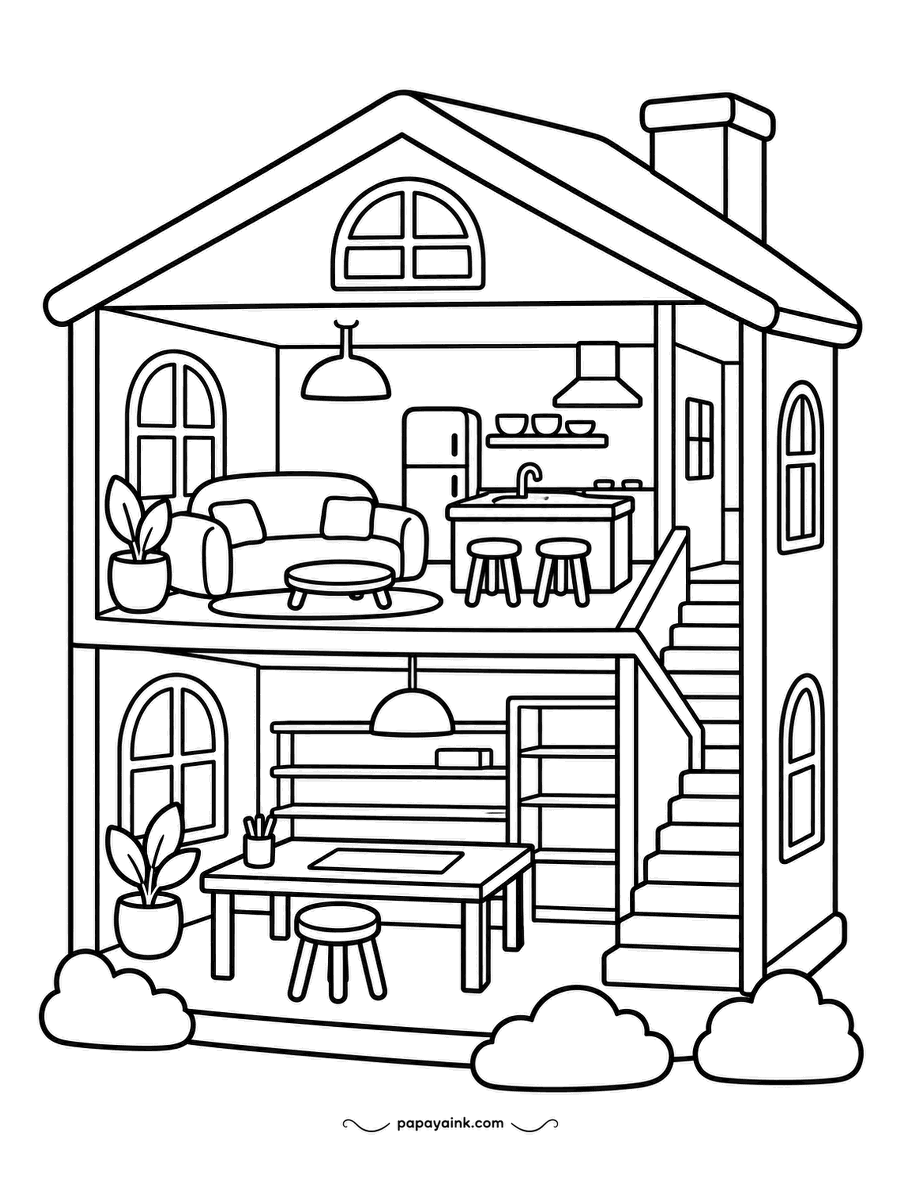 House Coloring Pages - Workshop downstairs, apartment upstairs: a live-work dollhouse with a long bench, shelves and a stool on the ground floor, and a sofa, kitchen island and bar stools above. Clean lines and plenty of room - a cutaway that even markers can handle.