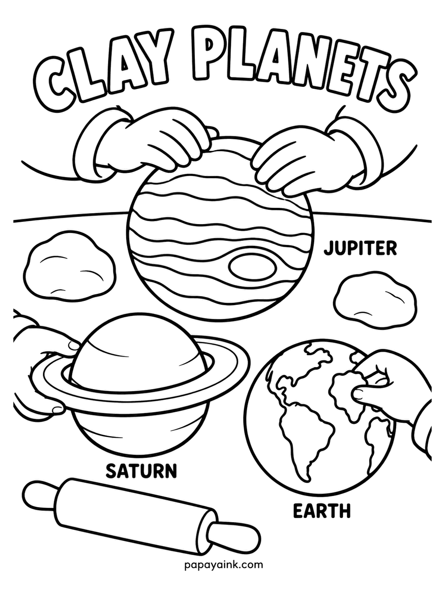 Planet Coloring Pages - Clay planets on a workbench: hands roll out a striped Jupiter while Saturn and Earth wait beside a rolling pin and lumps of dough. Skin tones for the hands, then treat each ball of clay as the real planet it is becoming.
