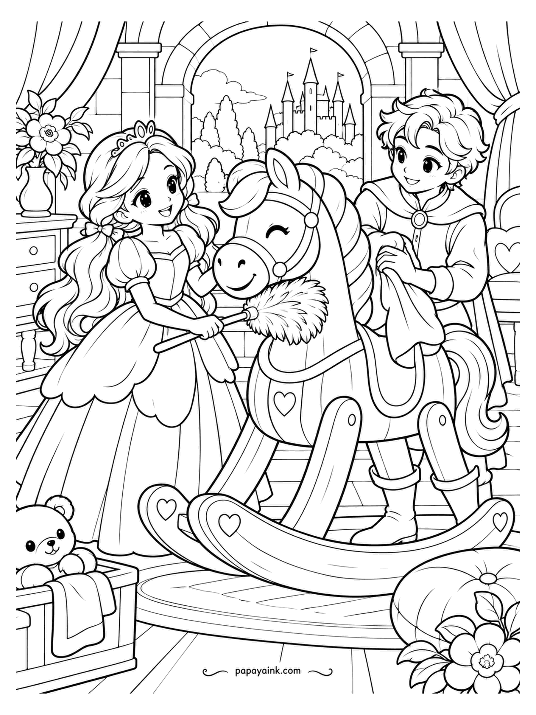 Kawaii Princess Coloring Pages - Spring cleaning reaches the toy room. The princess works the feather duster over the rocking horse's mane, the prince polishes the saddle with a cloth, and the horse closes one eye and enjoys it. Hearts on the rockers - a classic red.