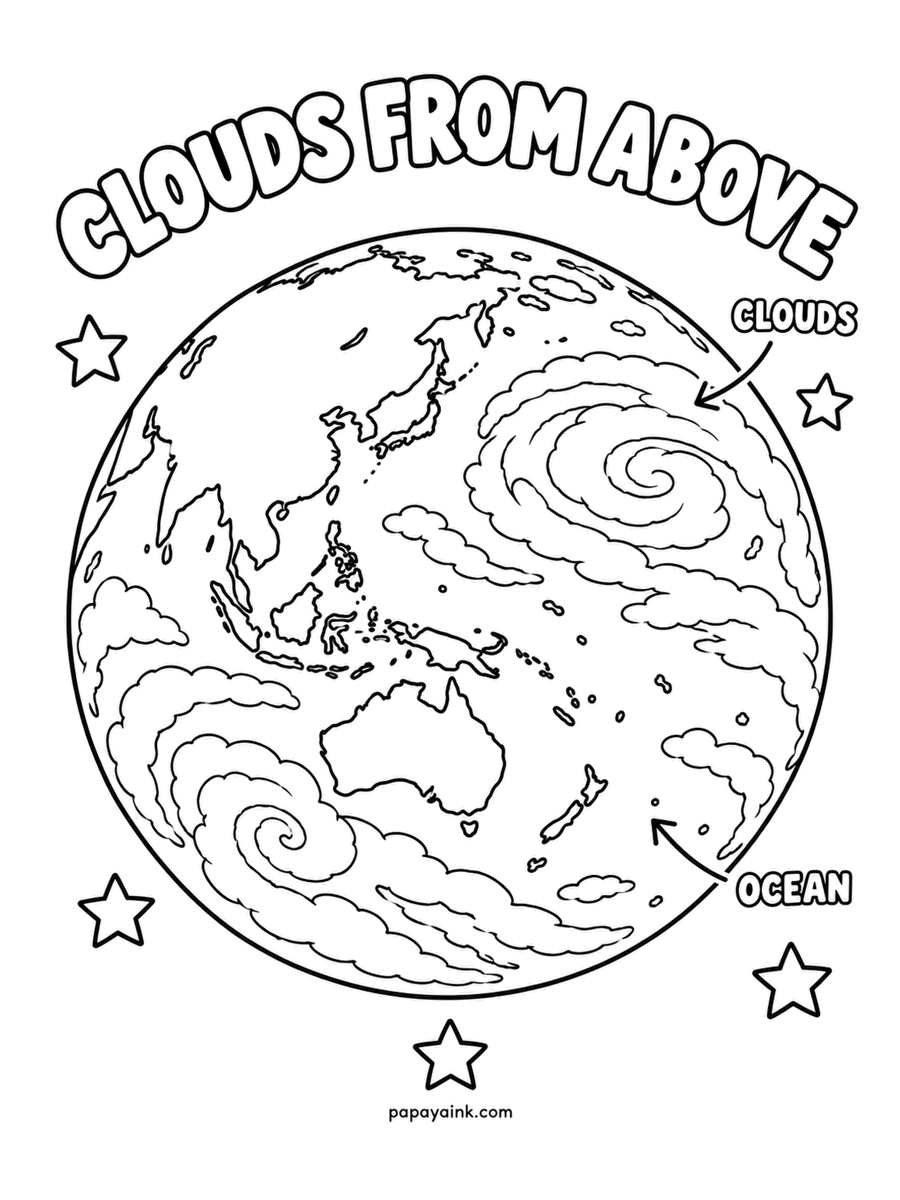 Earth Coloring Pages - Earth seen from straight above the Pacific: Australia and Southeast Asia on the left, cloud spirals curling over open ocean, two labels pointing out what is cloud and what is water. Keep the clouds white and let a single deep blue carry the whole page.