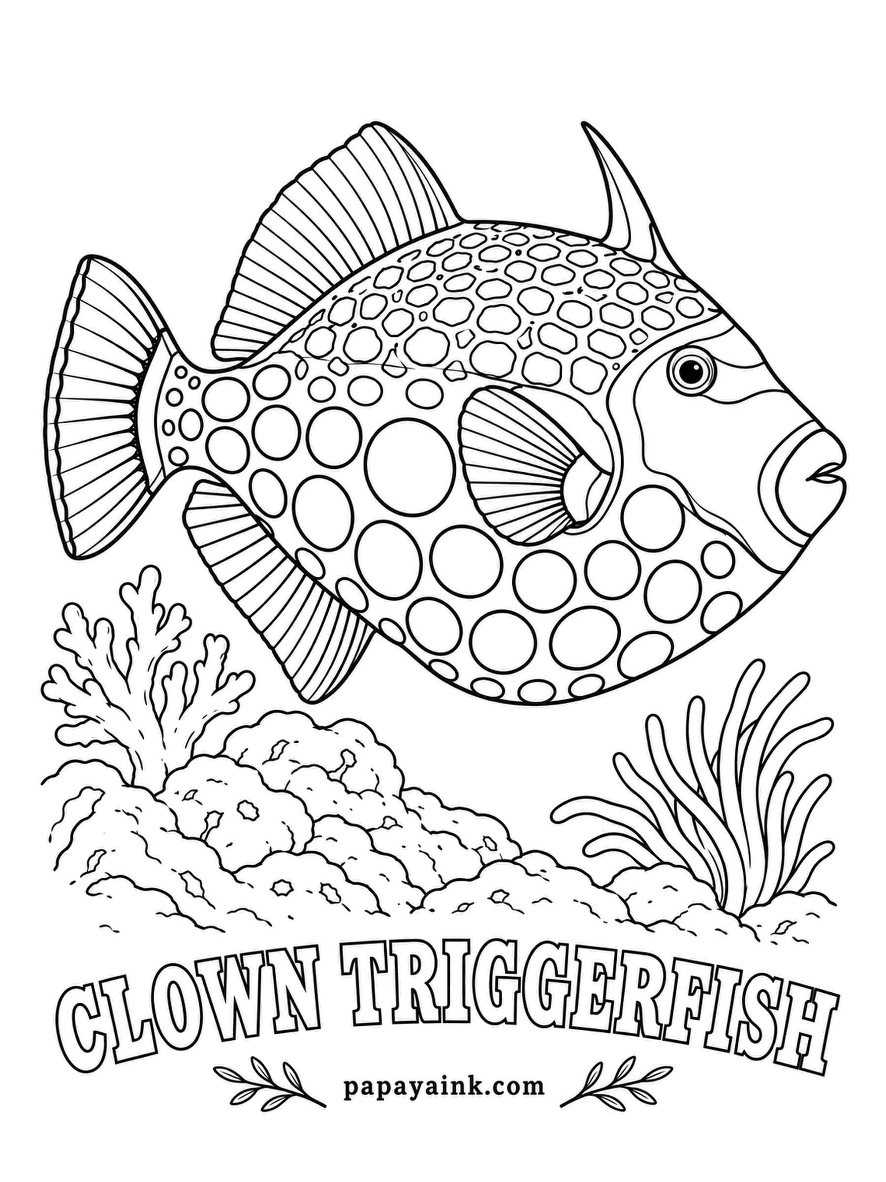 Ocean Fish Coloring Pages - Lock and key: the first dorsal spine stands up and the second wedges it in place, so a triggerfish can jam itself into a crevice. Black overall, big white spots underneath, a yellow net over the back, orange lips. Detailed.