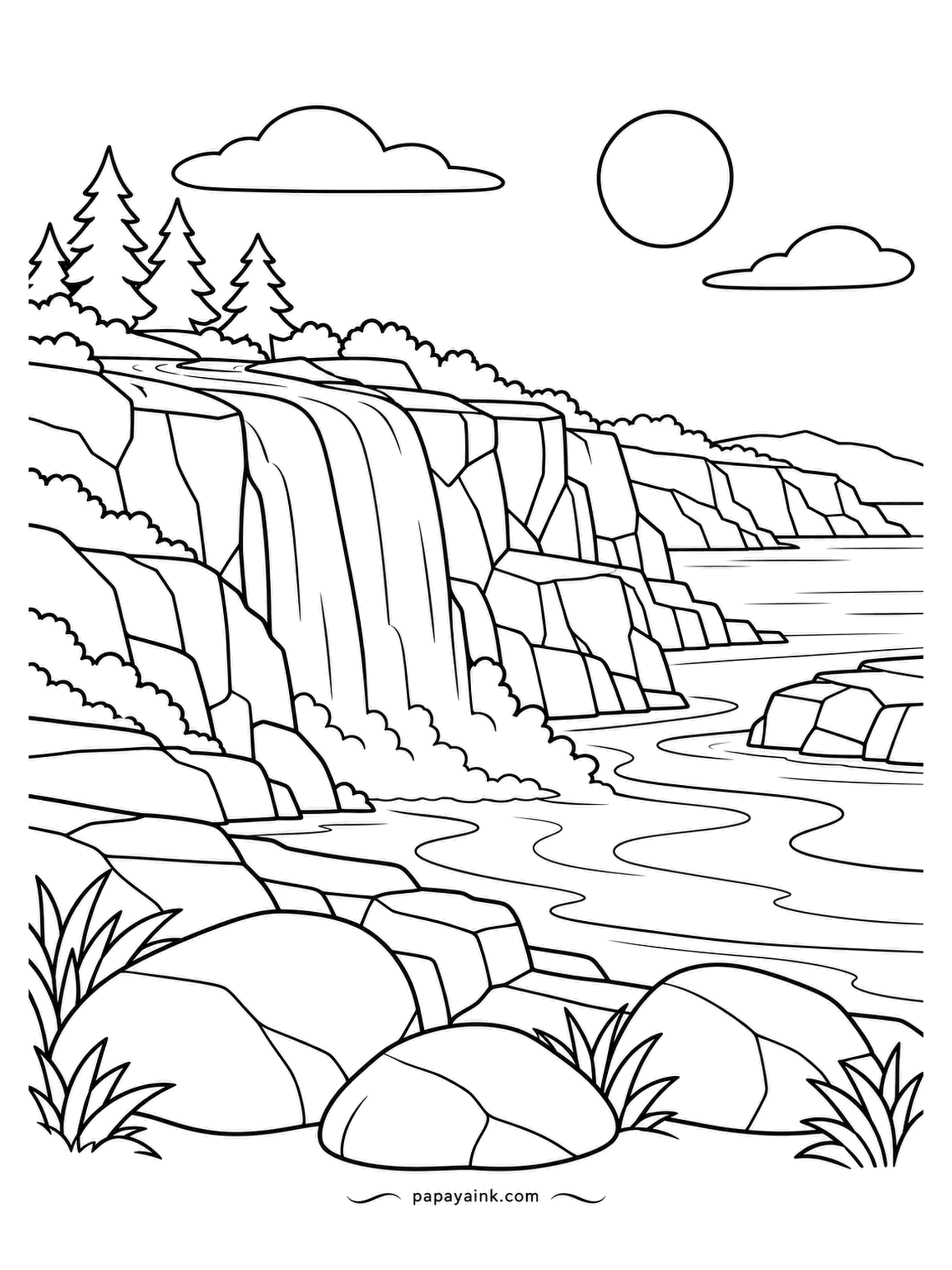 Nature Coloring Pages - Not every waterfall ends in a river; this one drops straight onto a beach and the tide takes it from there. Firs stand on the headland and wet rocks catch the spray. Go light on the falling water and let the dark cliff define it.